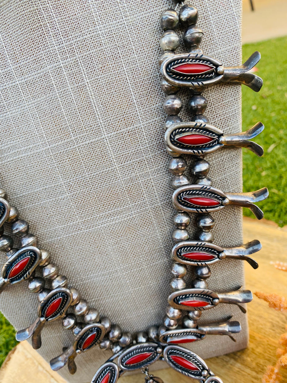 Heavy Vintage Native American Natural Coral Sterling Silver Squash Blossom  Necklace - PuebloDirect.com