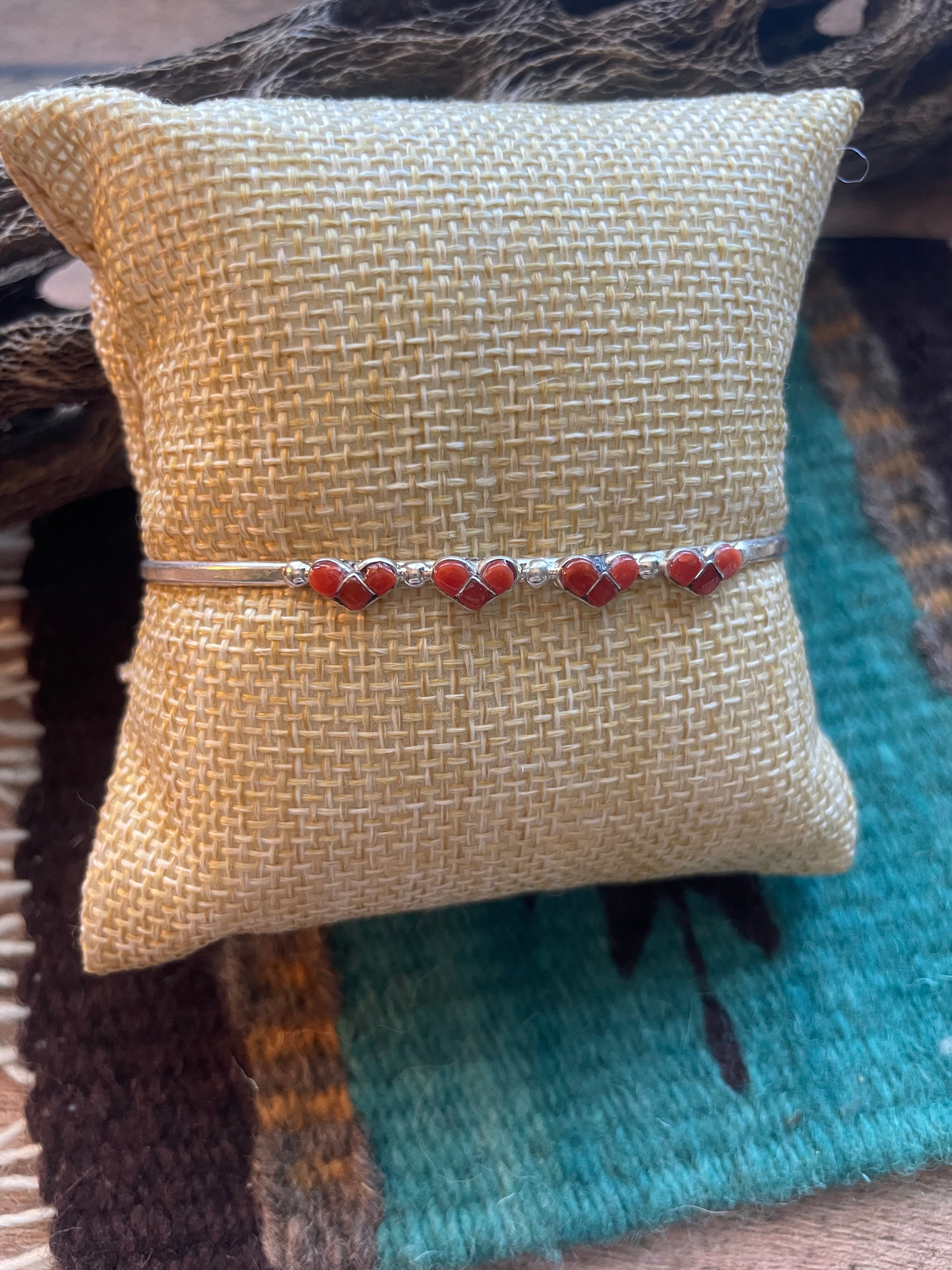 Handcrafted Sterling Silver & Coral Heart Adjustable Cuff Bracelet