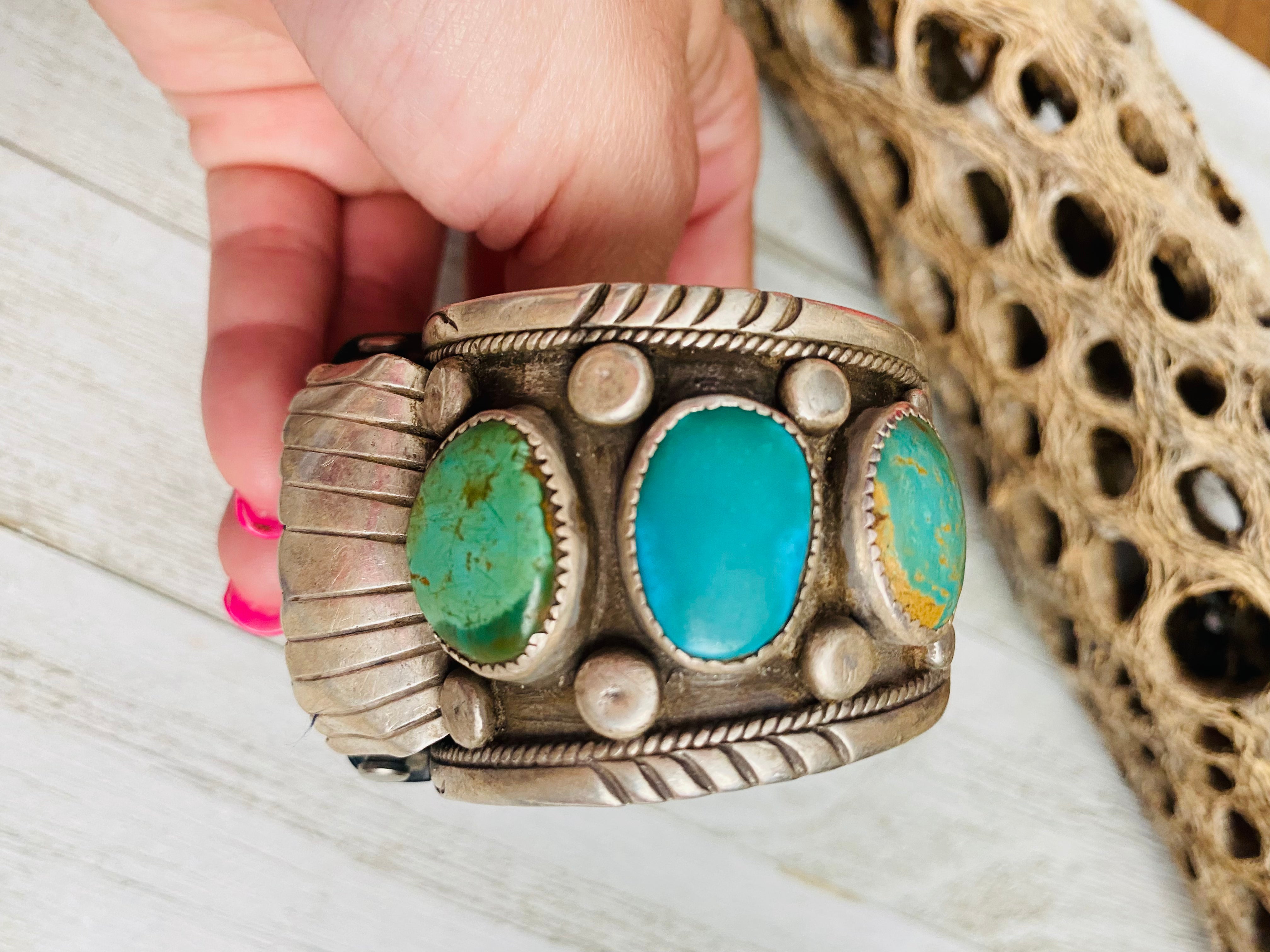 Old Pawn Vintage Navajo Turquoise & Sterling Silver Watch Cuff