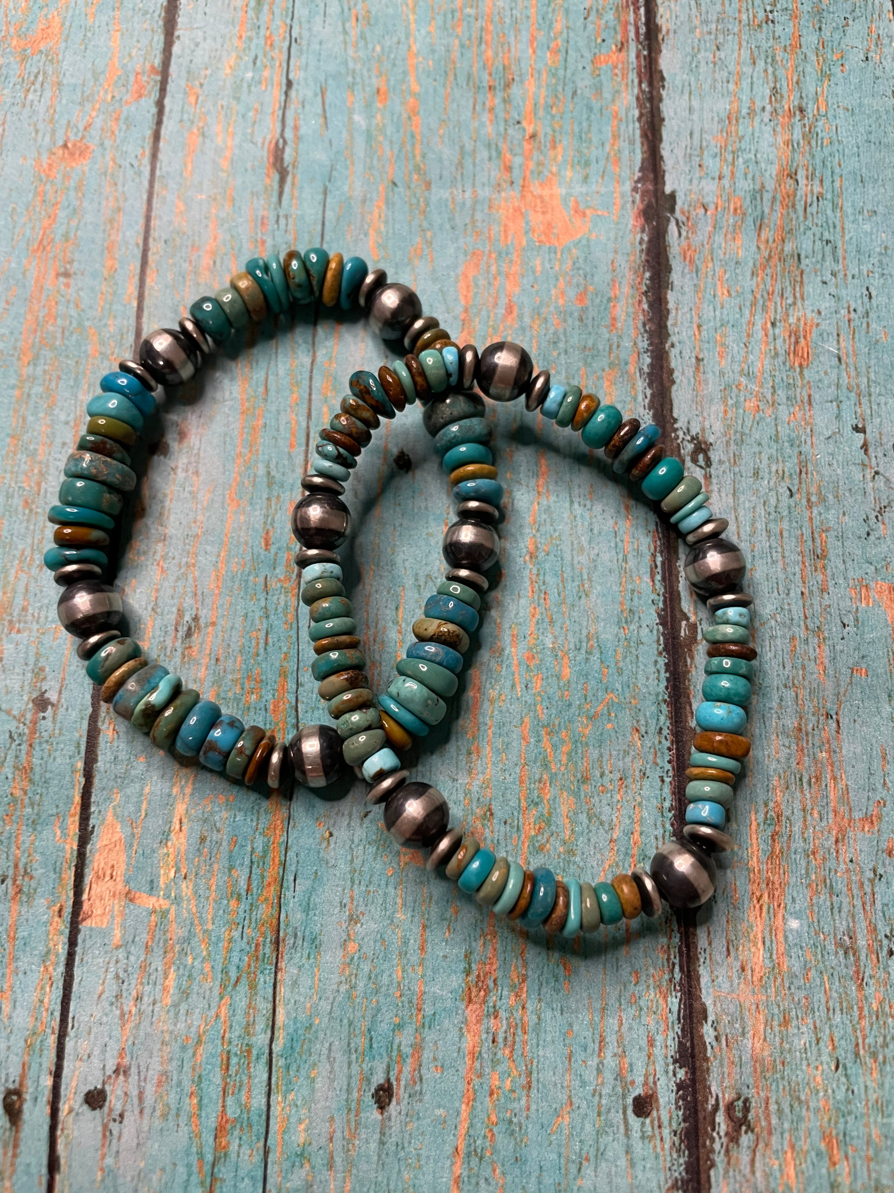 Navajo Sterling Silver Stretchy Natural #8 Turquoise Beaded Bracelet