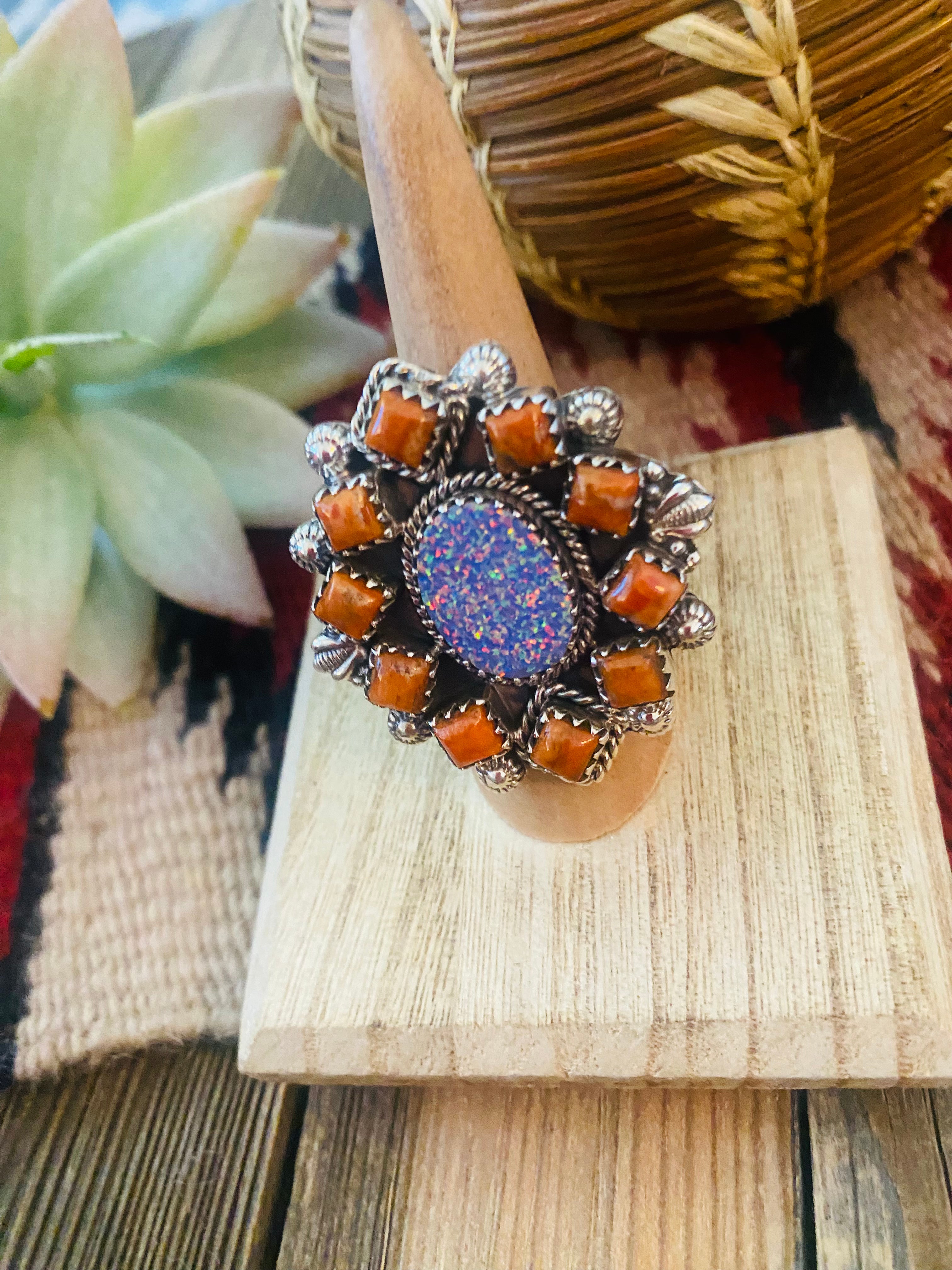 Handmade Sterling Silver, Orange Mojave & Opal Cluster Adjustable Ring