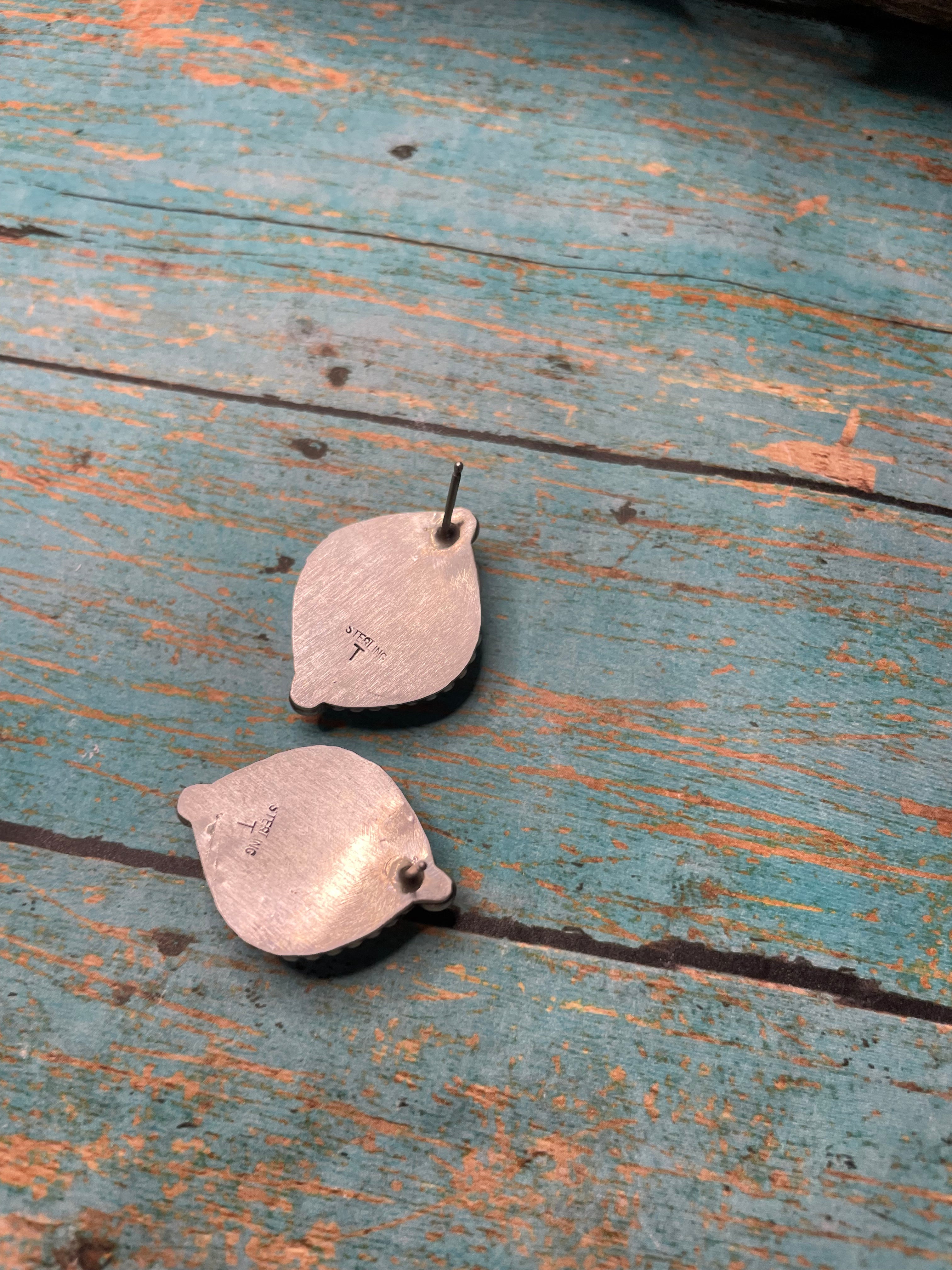 Navajo Apple Coral And Sterling Silver Post Earrings Signed