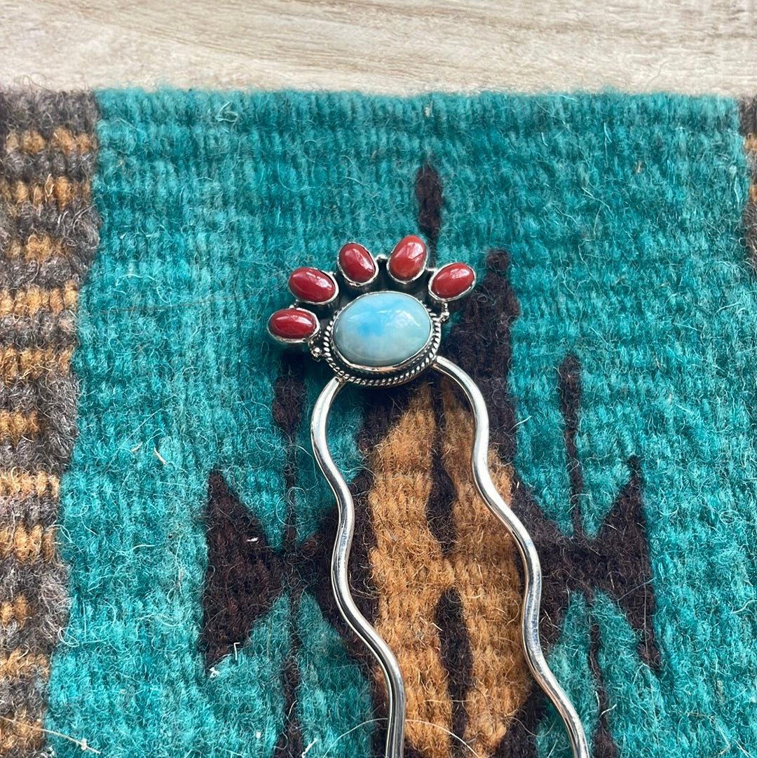 Handmade Coral & Larimar Sterling Silver Hair Pin Signed Nizhoni