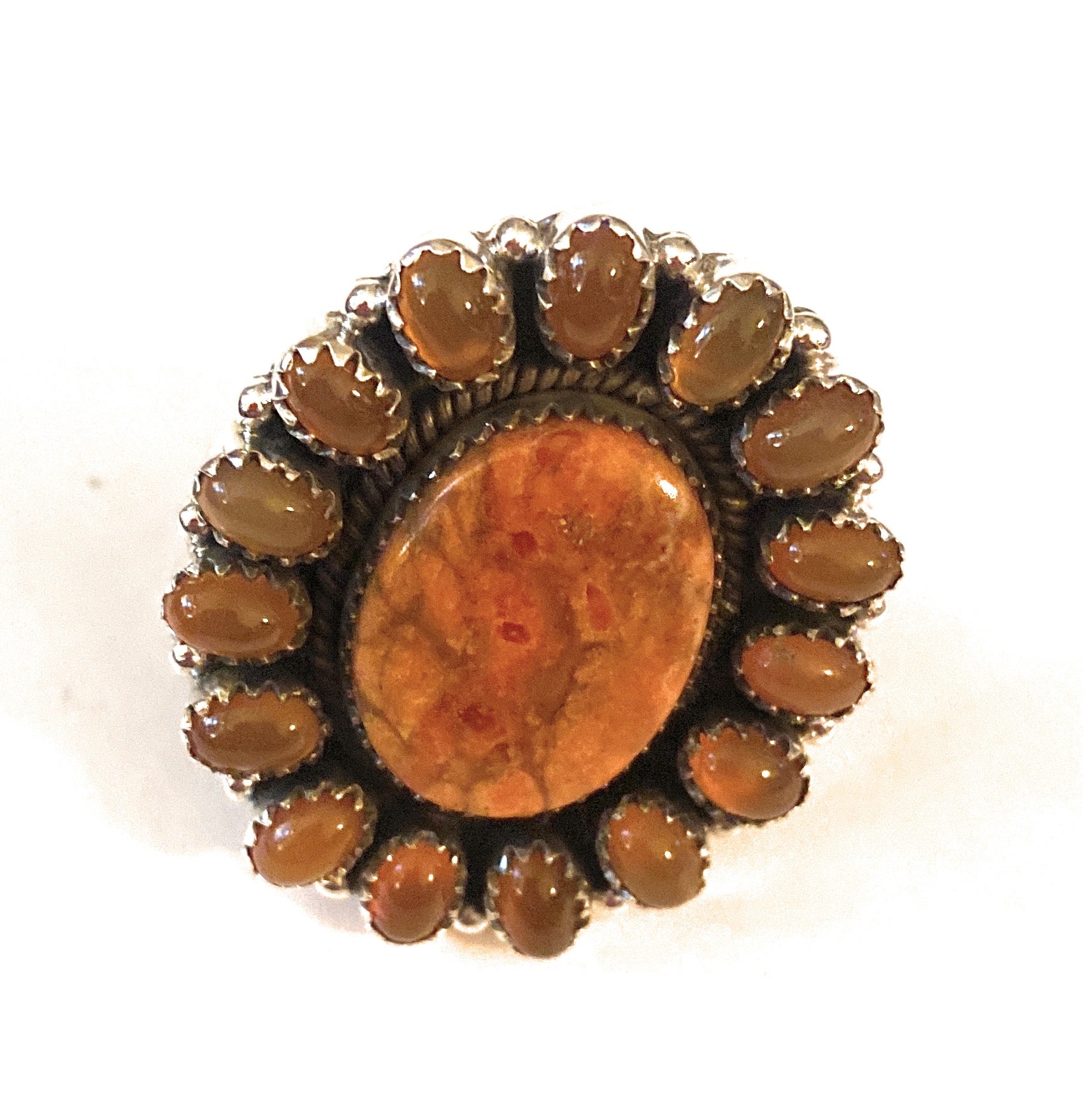 Handmade Sterling Silver, Carnelian & Spiny Mohave Cluster Adjustable Ring