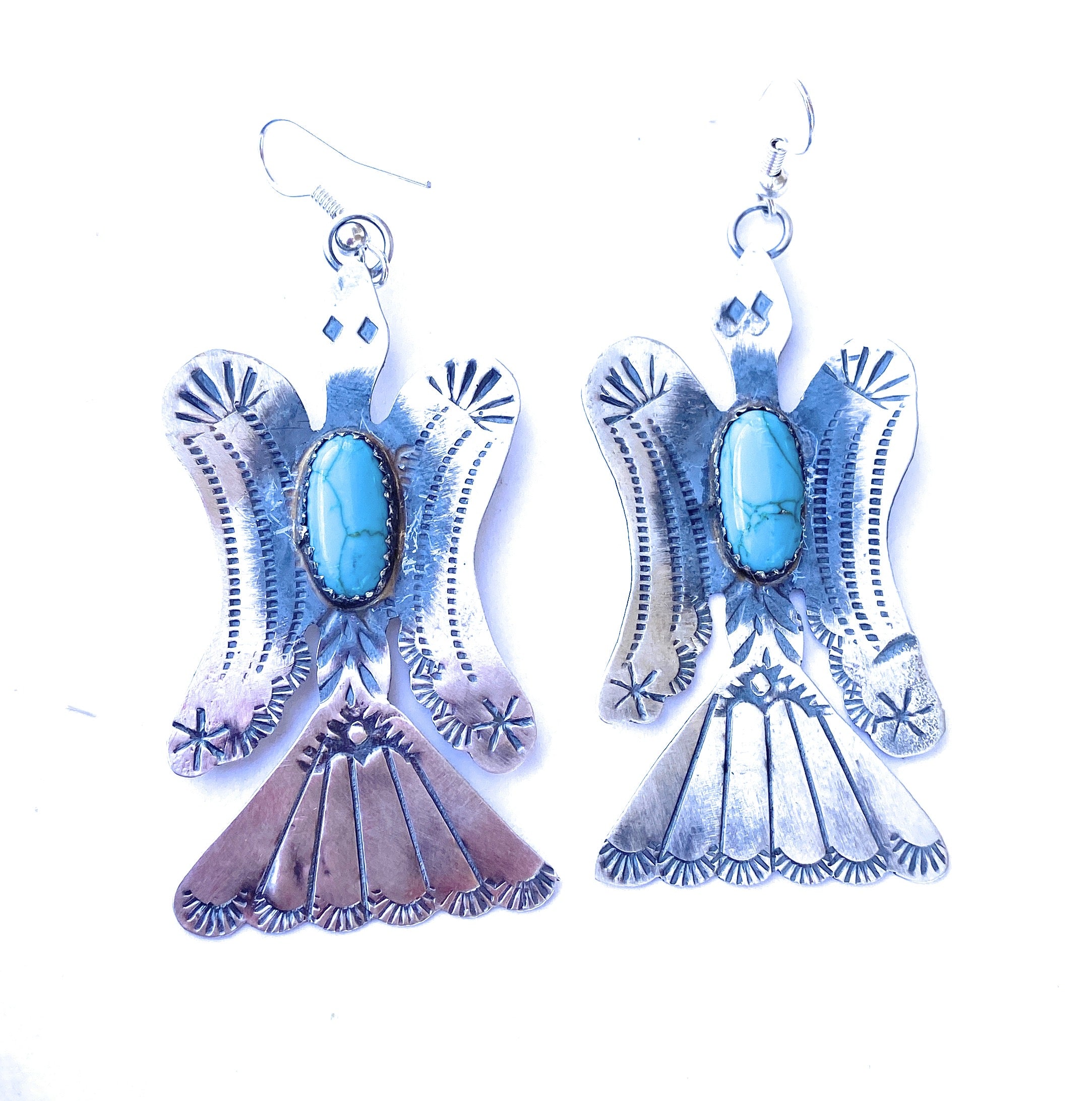 Navajo Turquoise & Sterling Silver Water Bird Dangle Earrings