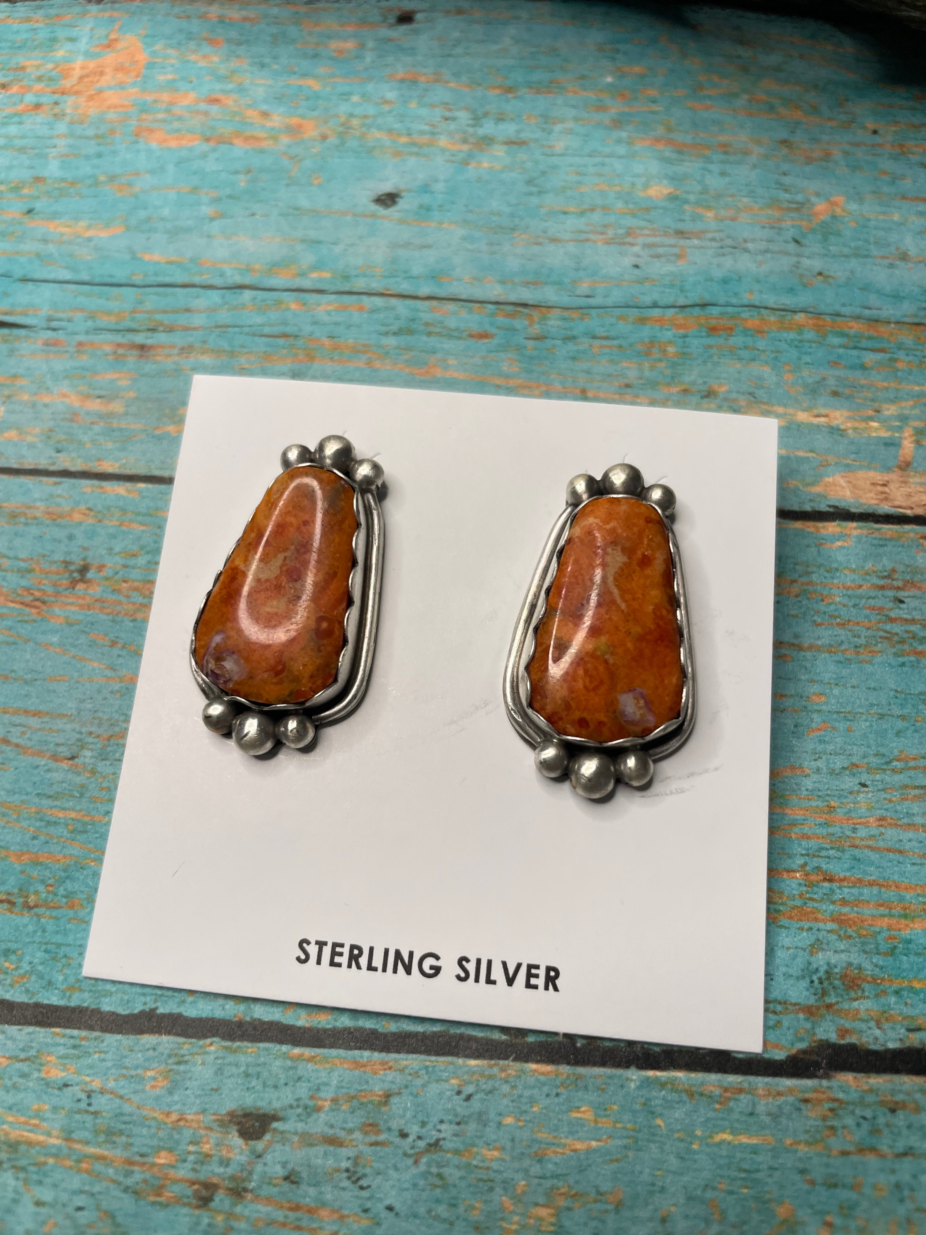 Navajo Apple Coral And Sterling Silver Post Earrings Signed