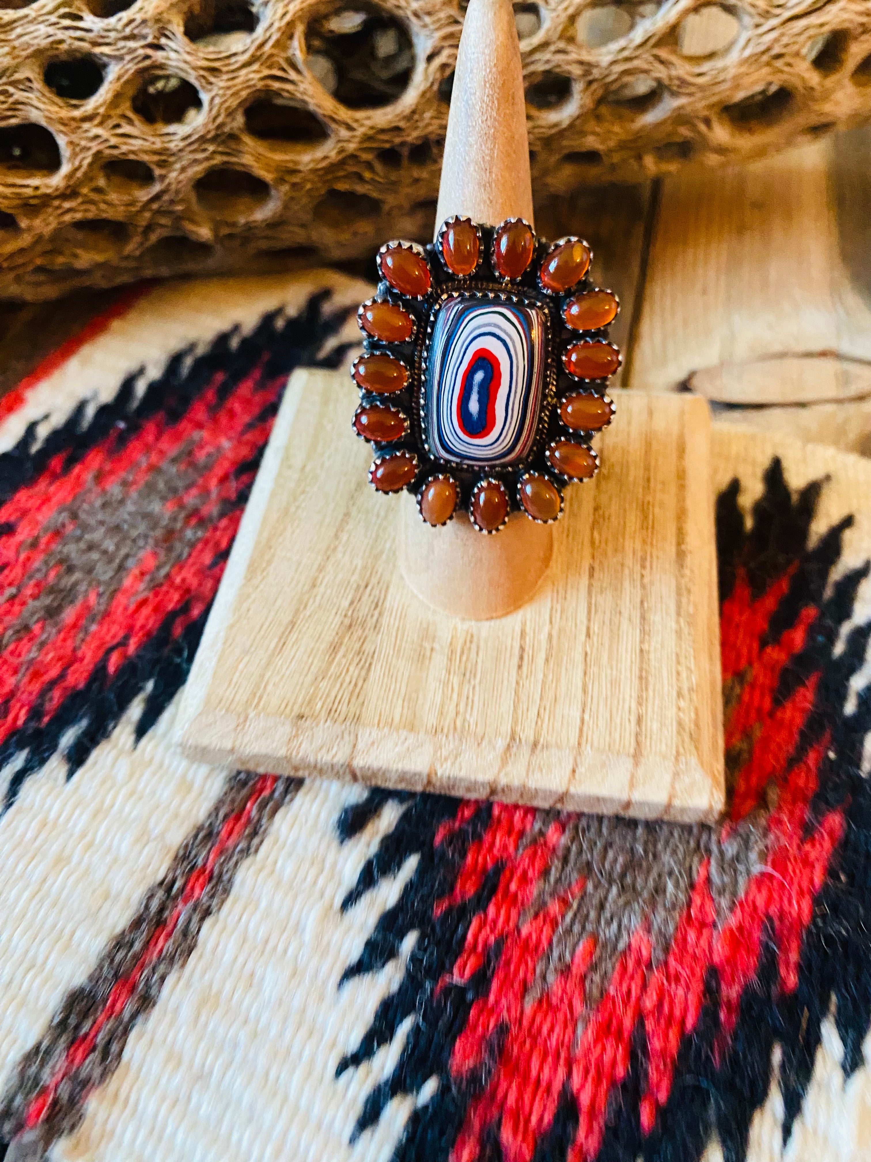 Handmade Sterling Silver, Fordite & Garnet Cluster Adjustable Ring