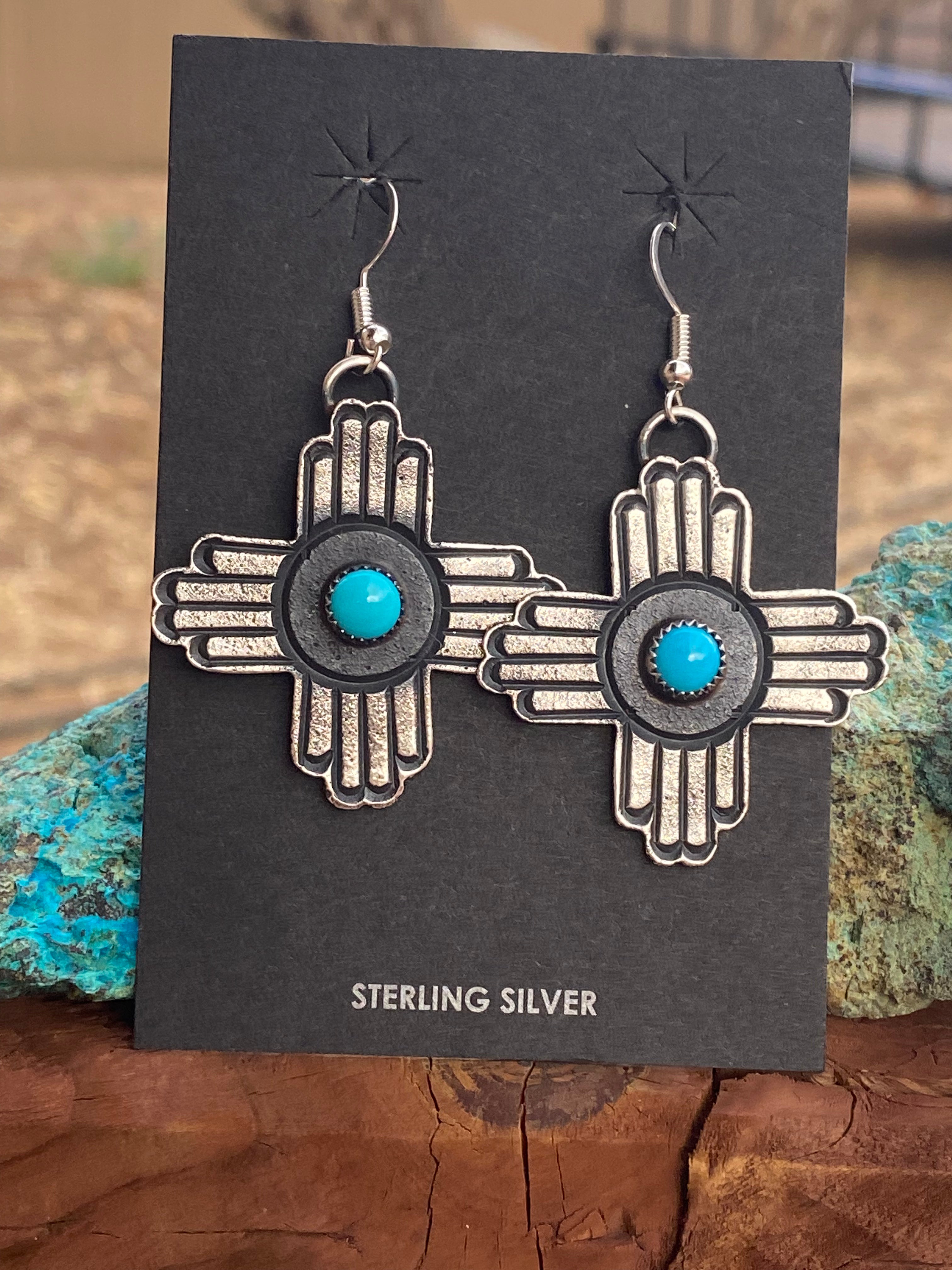 Navajo Turquoise & Sterling Silver Zia Dangle Earrings By Kevin Billah