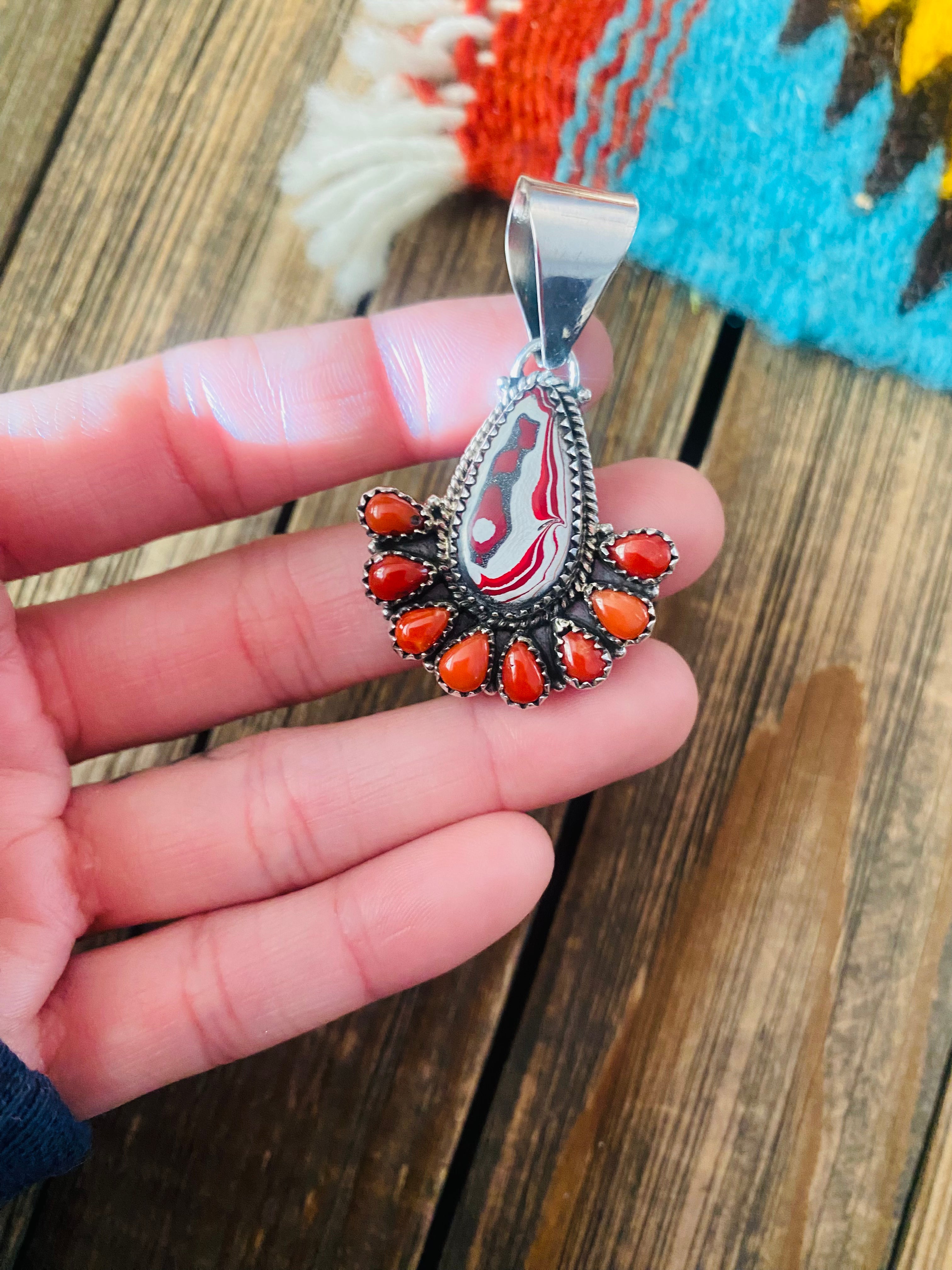 Handmade Sterling Silver, Fordite & Coral Cluster Pendant