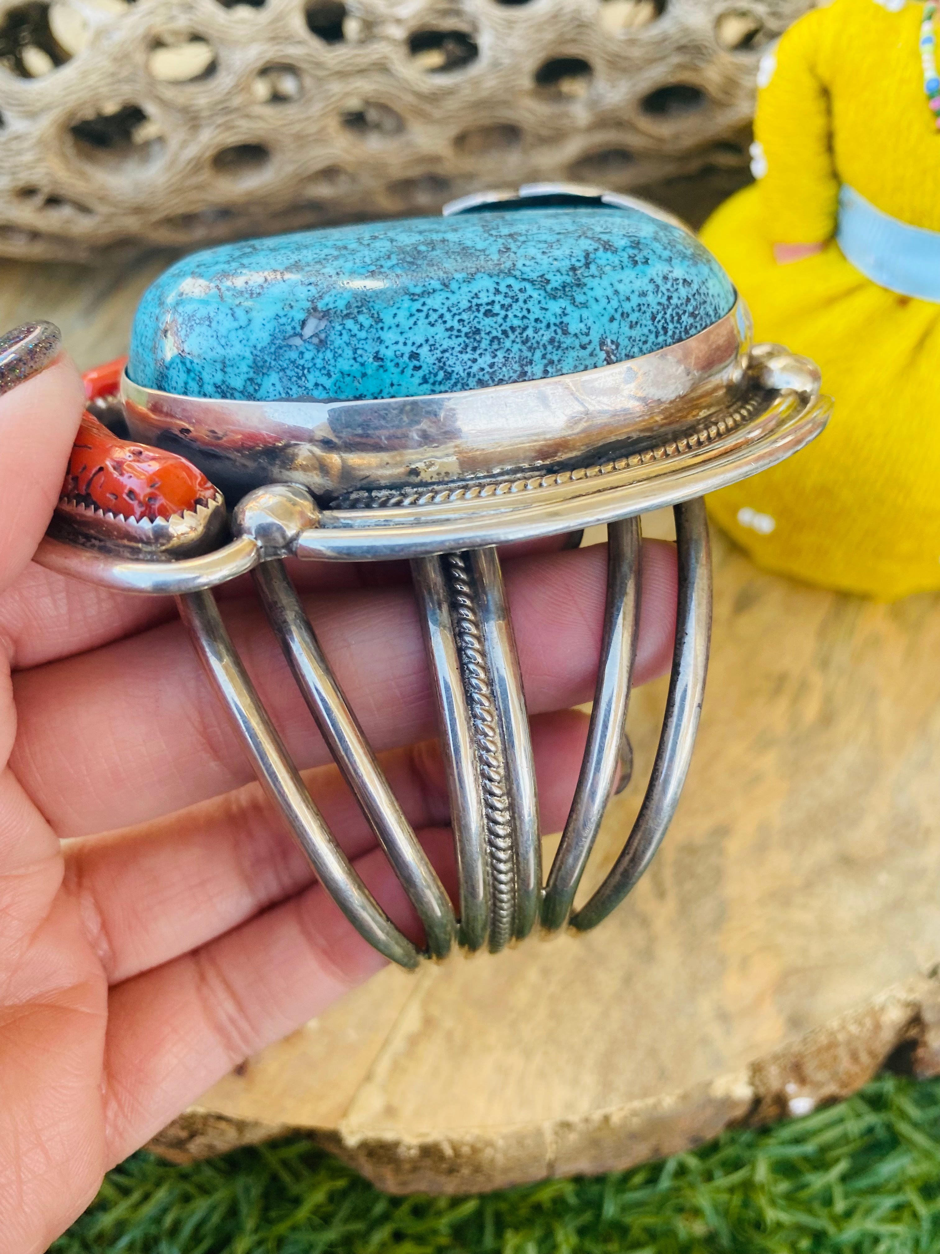 Incredible Navajo Handmade Bisbee Turquoise, Coral & Sterling Silver Jumbo Cuff Bracelet