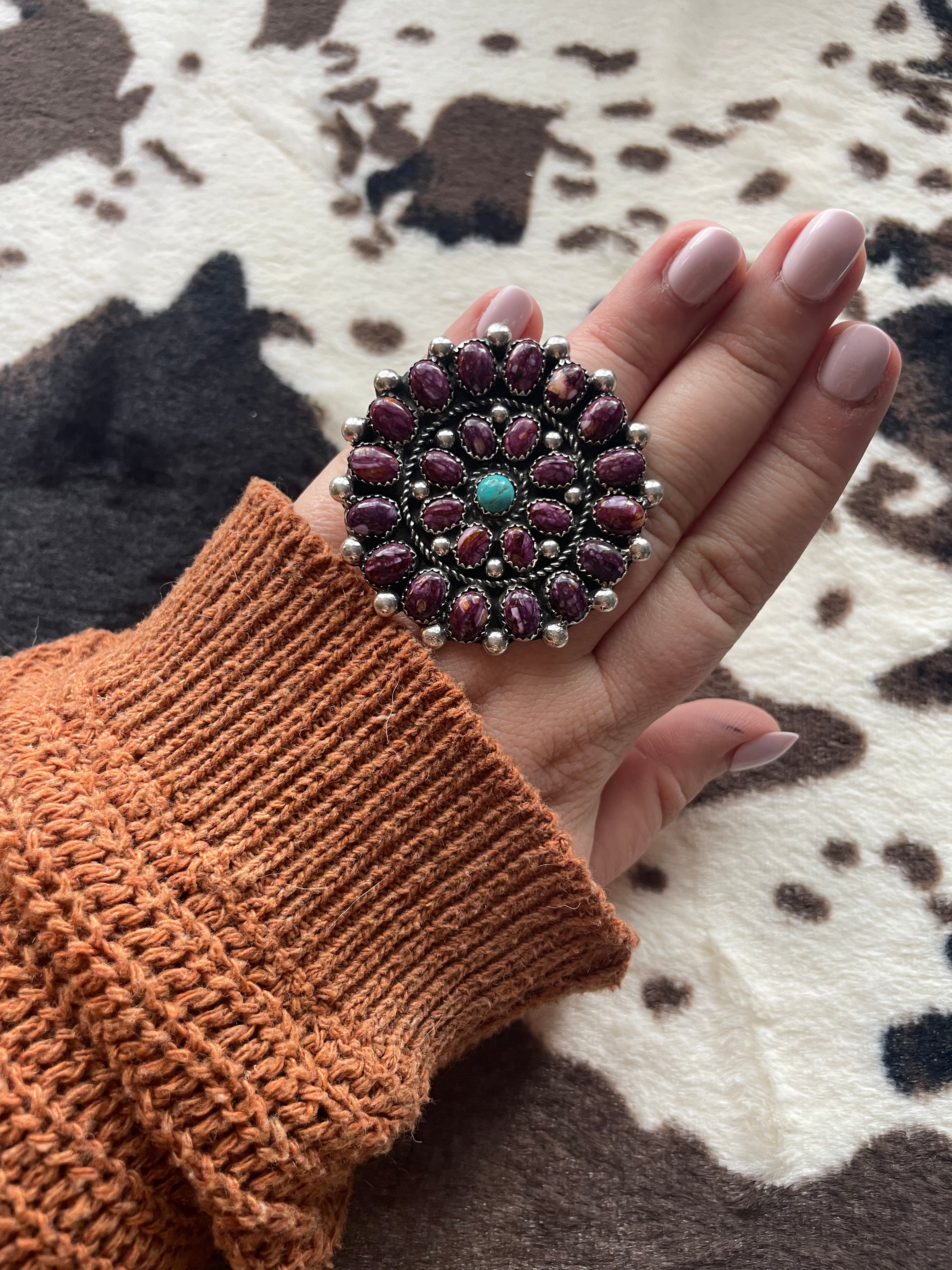 Navajo Turquoise And Purple Spiny Sterling Silver Adjustable Ring