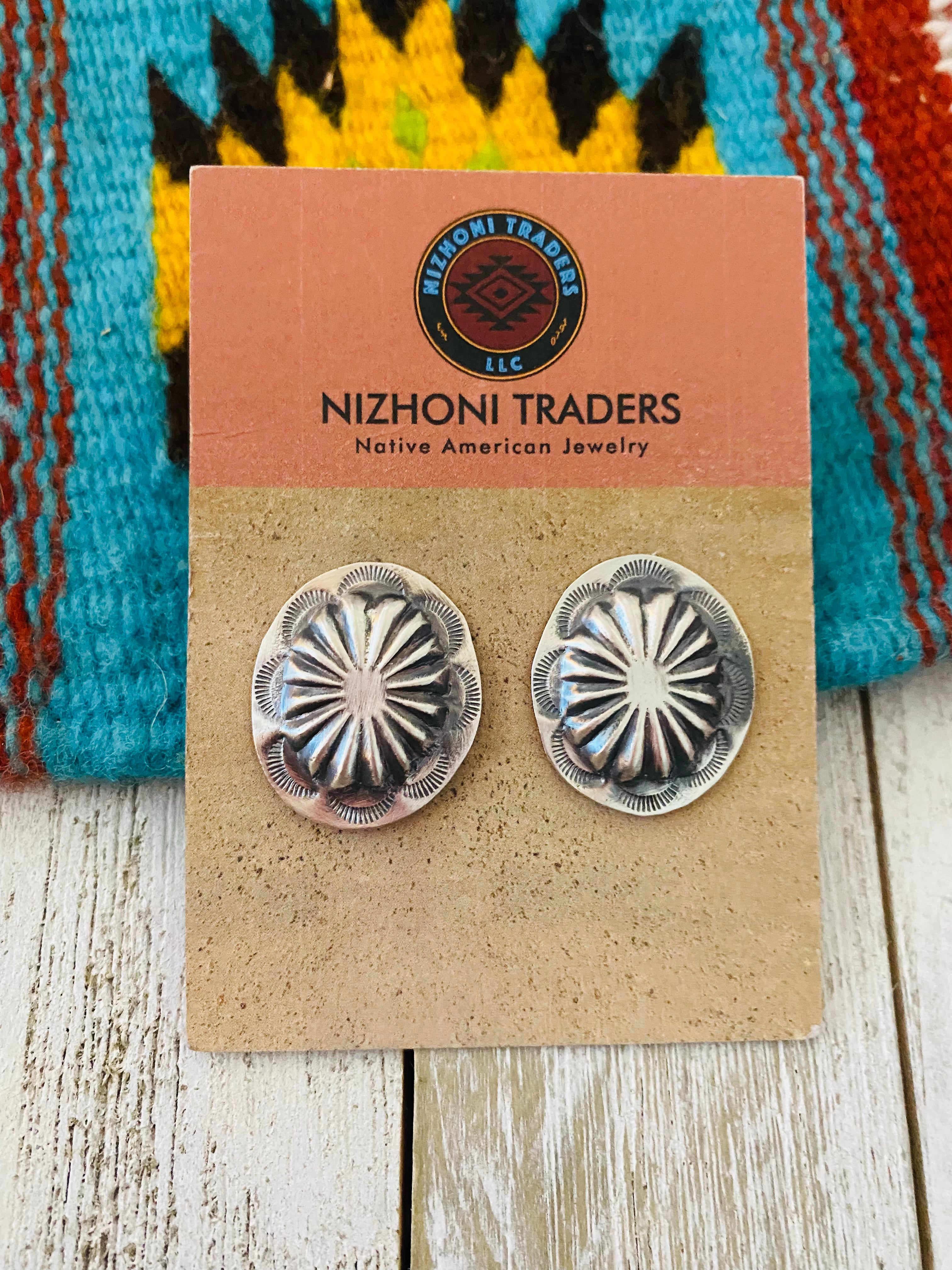 Navajo Sterling Silver Hand Stamped Oval Concho Post Earrings 1”