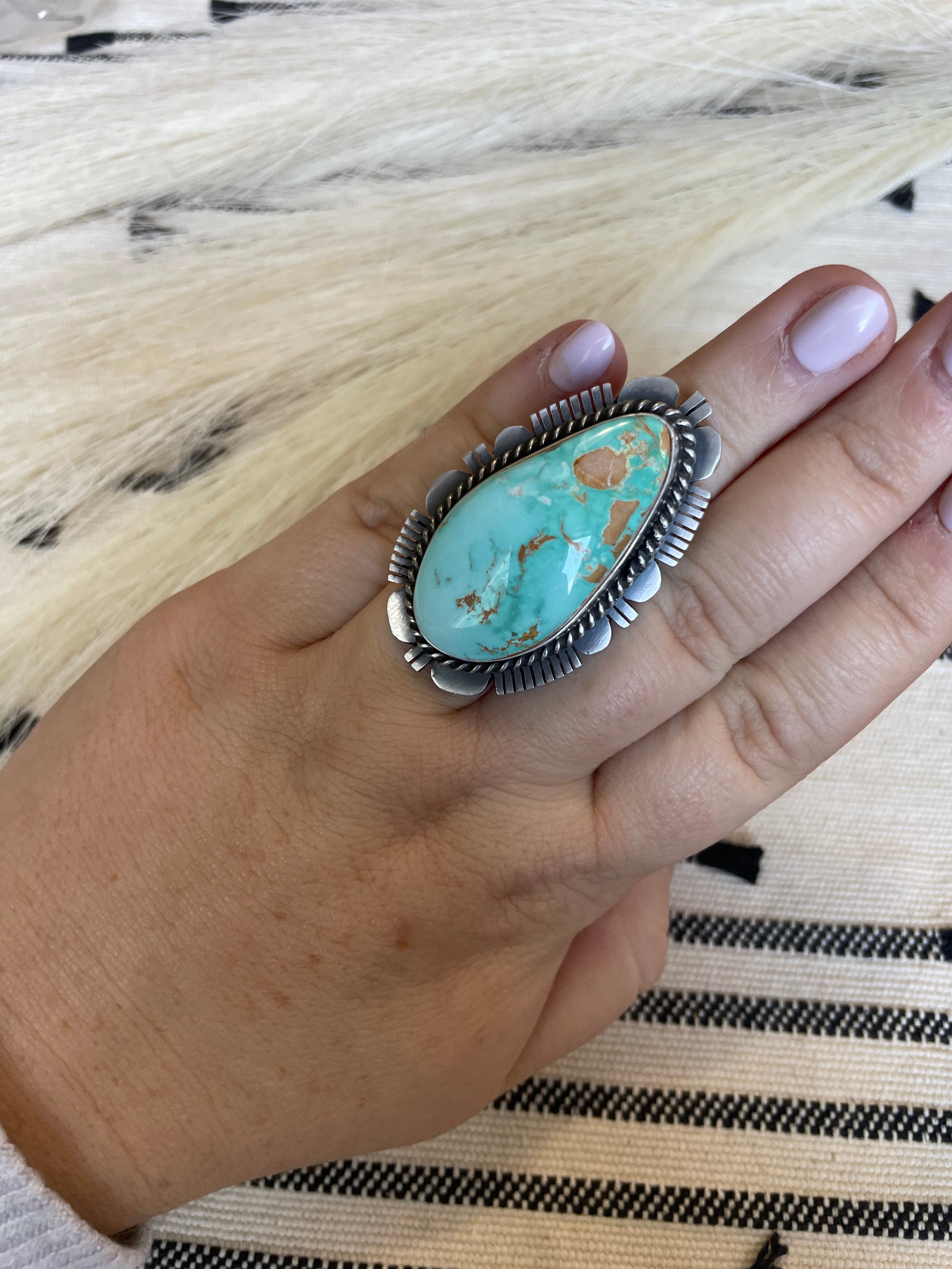 Navajo Turquoise & Sterling Silver Ring Size 7 Signed Russell Sam