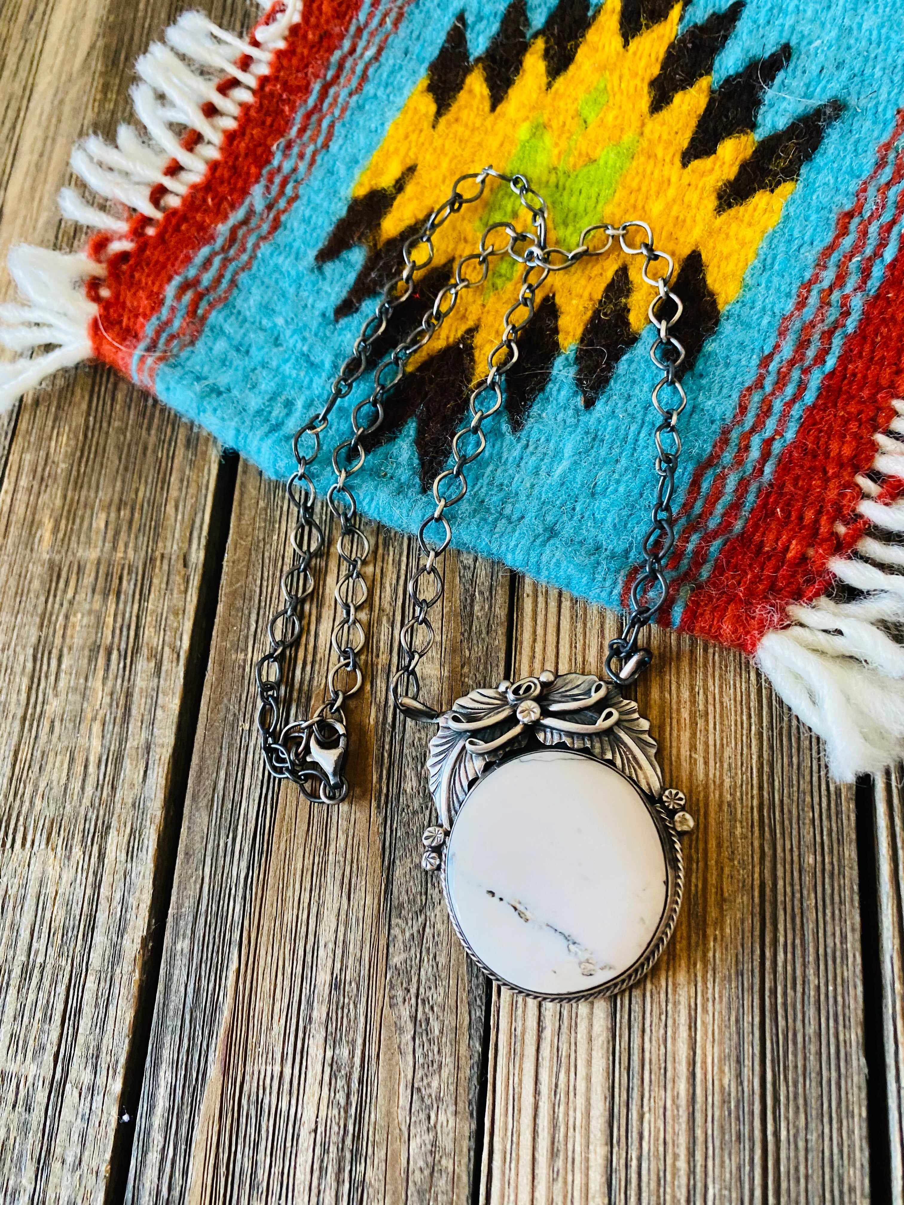 Navajo Sterling Silver & White Buffalo Necklace Signed