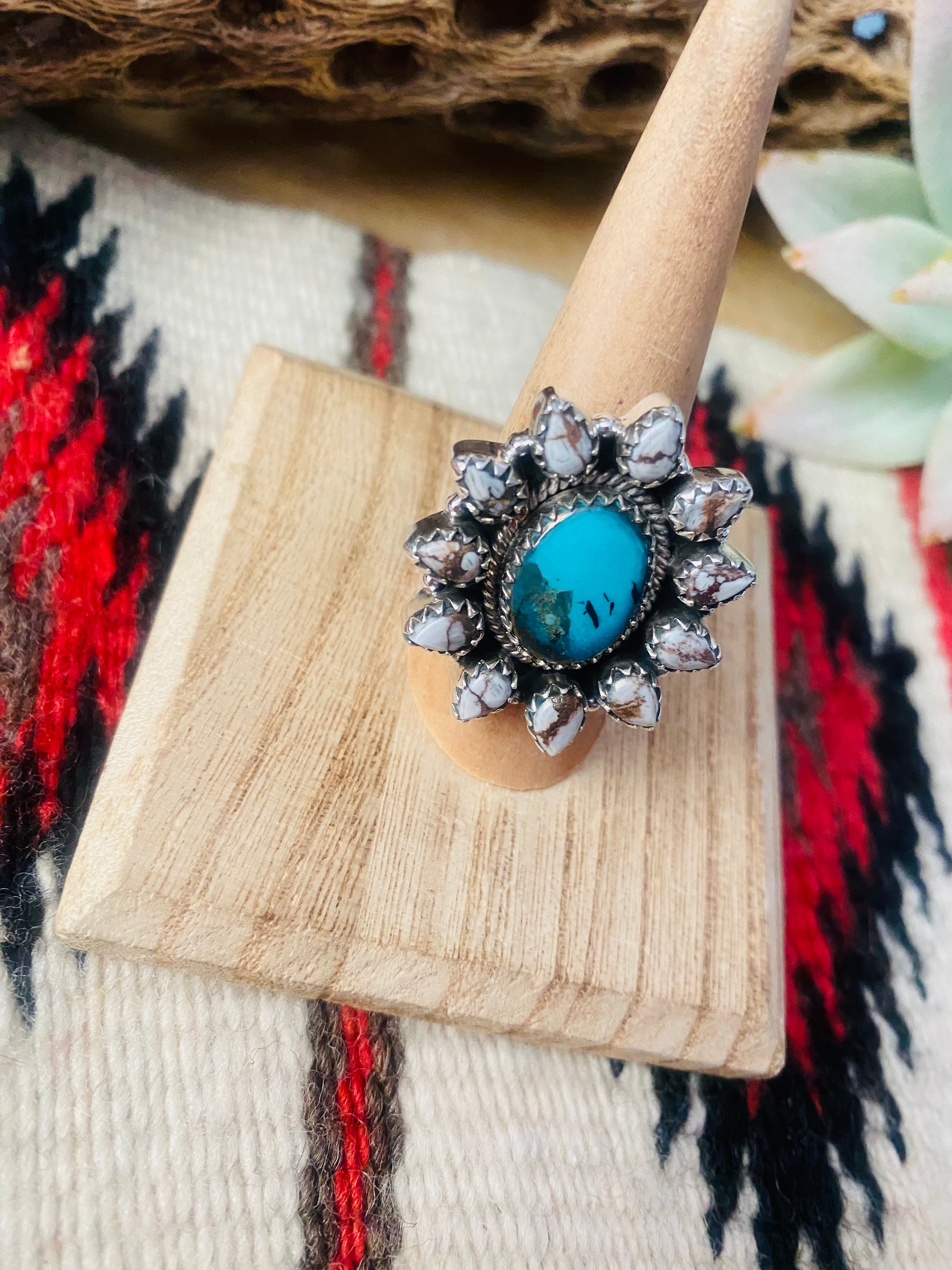 Handmade Sterling Silver, Wild Horse & Turquoise Cluster Adjustable Ring