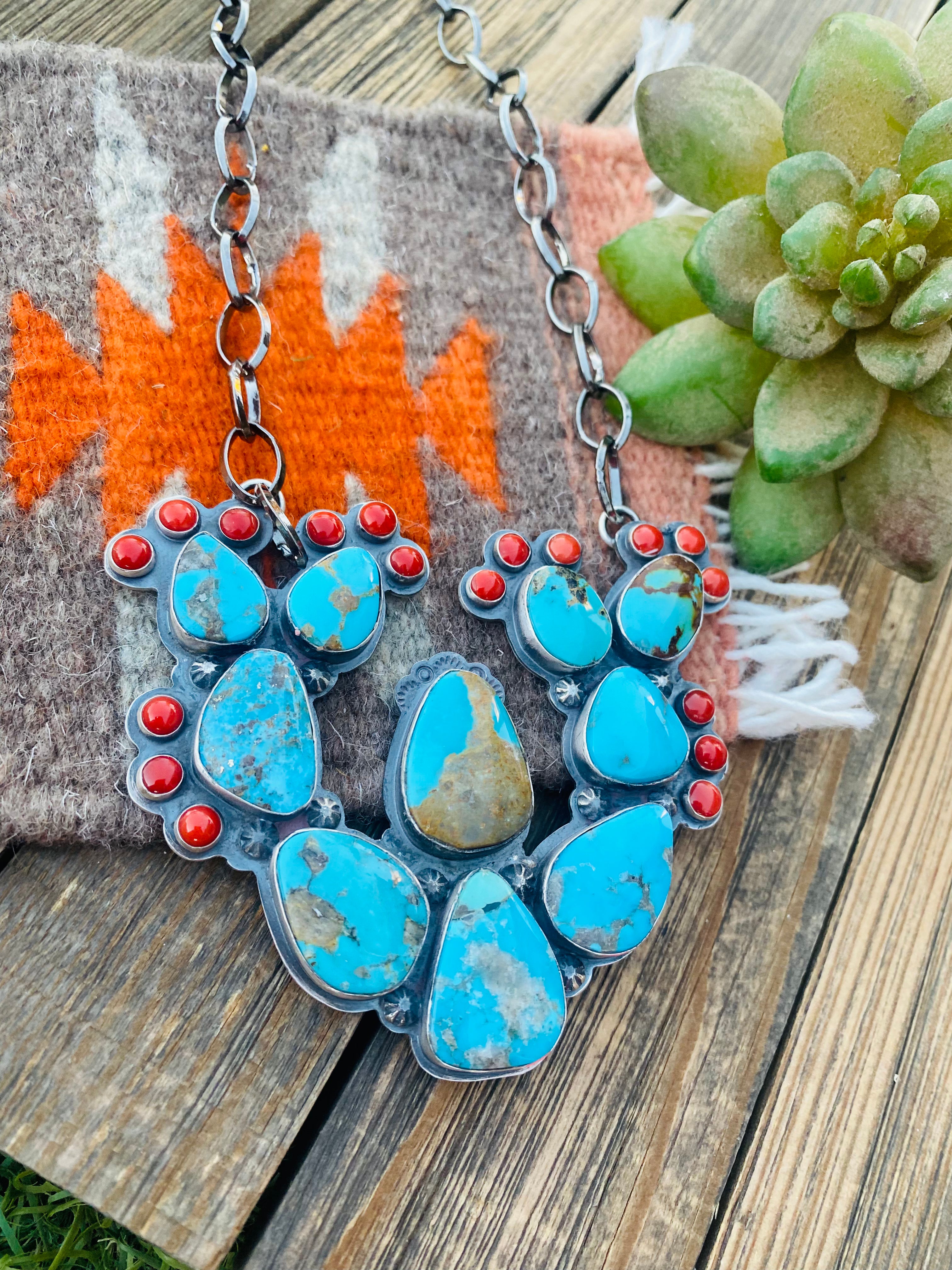 Navajo Sterling Silver, Turquoise & Coral Cactus Necklace