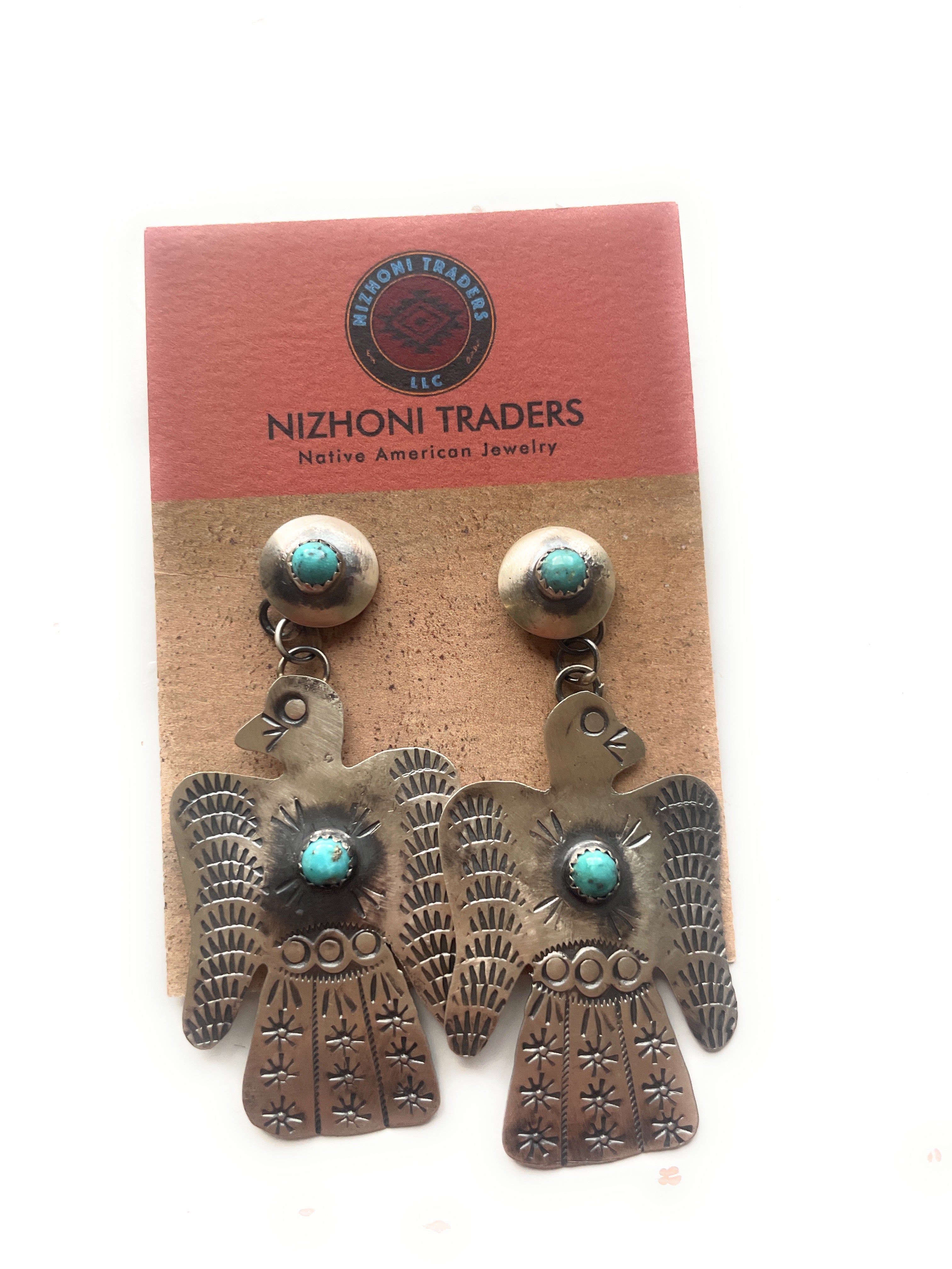 Navajo Turquoise & Sterling Silver Thunderbird Dangle Earrings By Tim Yazzie