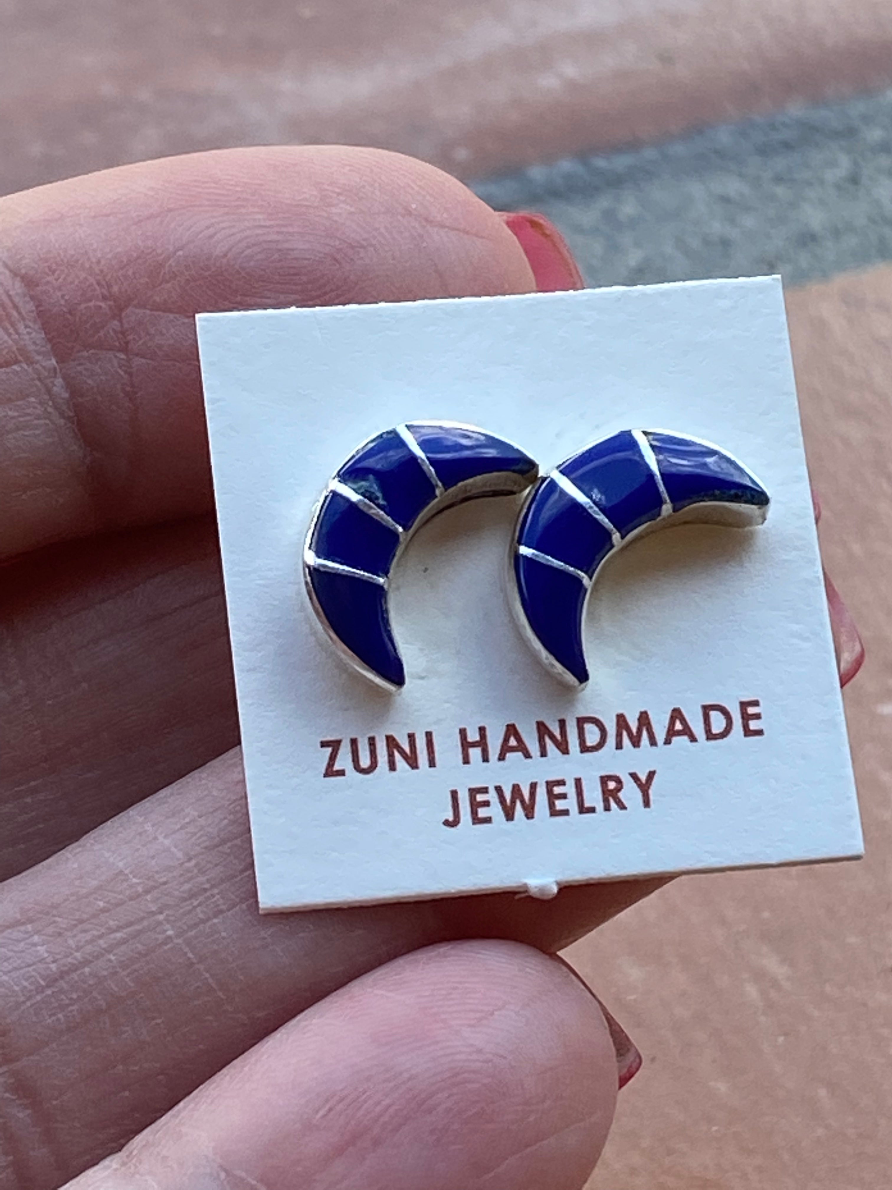 Zuni Sterling Silver & Lapis Inlay Moon Stud Earrings