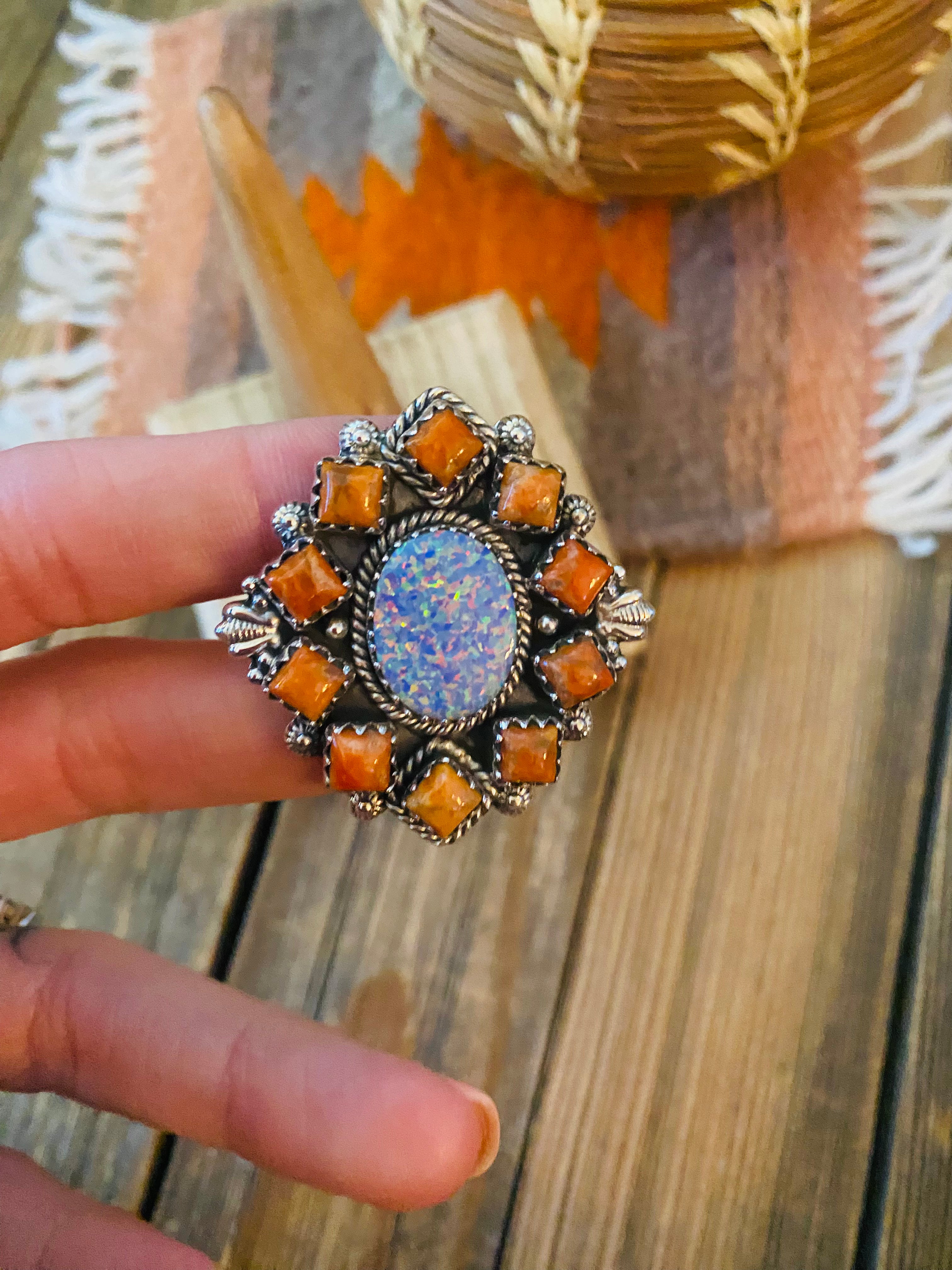 Handmade Sterling Silver, Orange Mojave & Opal Cluster Adjustable Ring