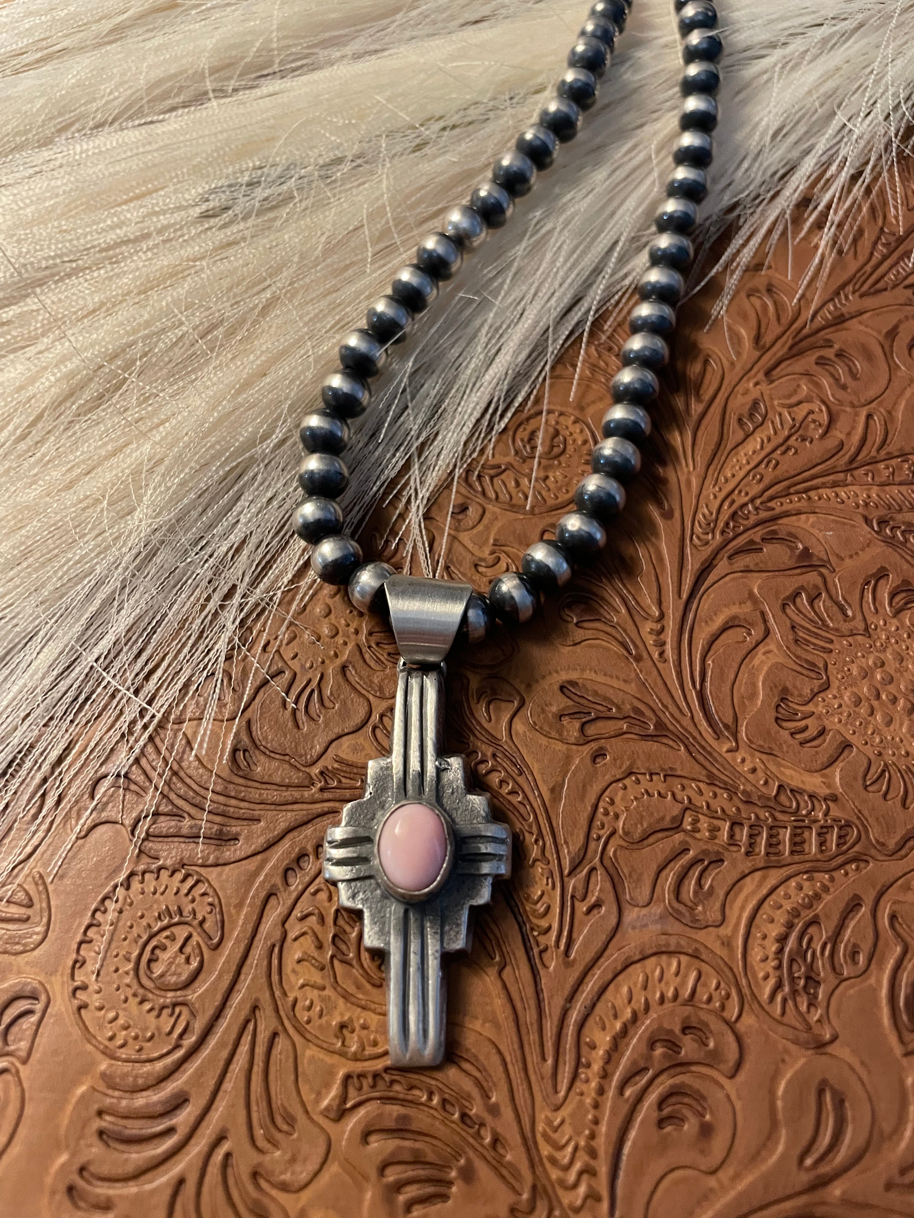 Navajo Chimney Butte Pink Conch & Sterling Silver Cross Pendant