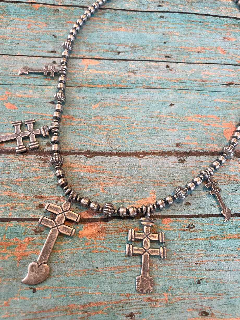 Sterling Silver Navajo Pearl & Turquoise Beaded Cross Necklace