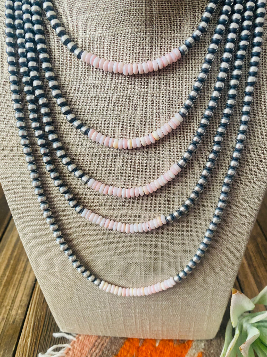 Handcrafted  Sterling Silver Pearl & Queen Pink Conch Beaded Necklace 5mm