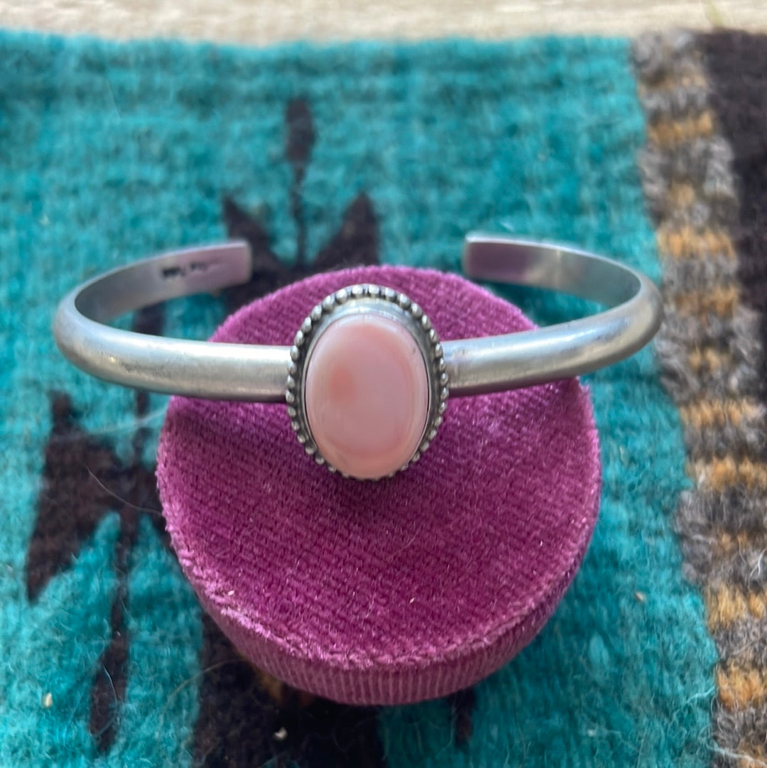 Navajo Pink Conch & Sterling Silver Adjustable Oval Cuff Bracelet Signed