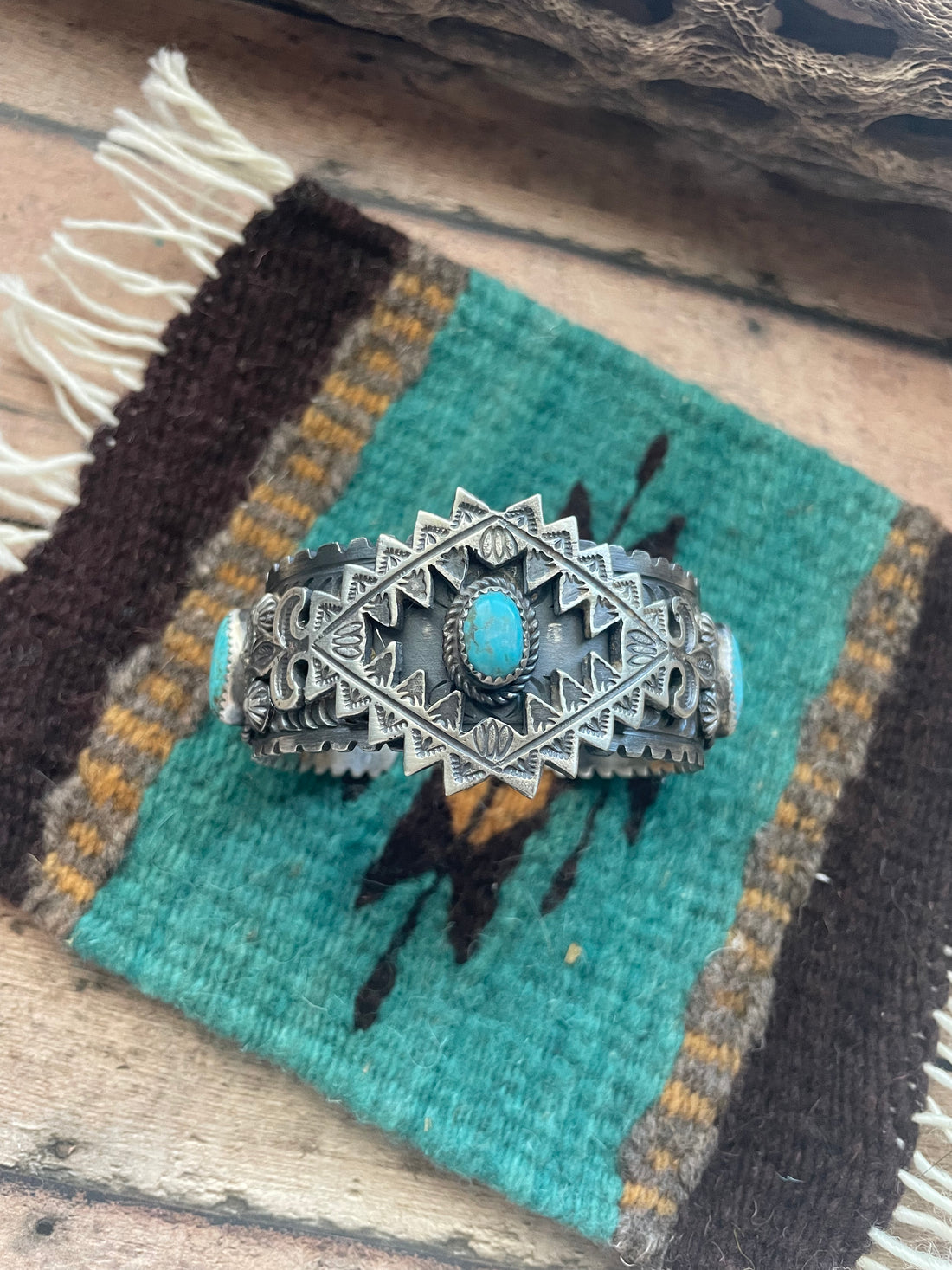 Navajo Sterling Cuff & Kingman Turquoise Cuff Bracelet Signed /