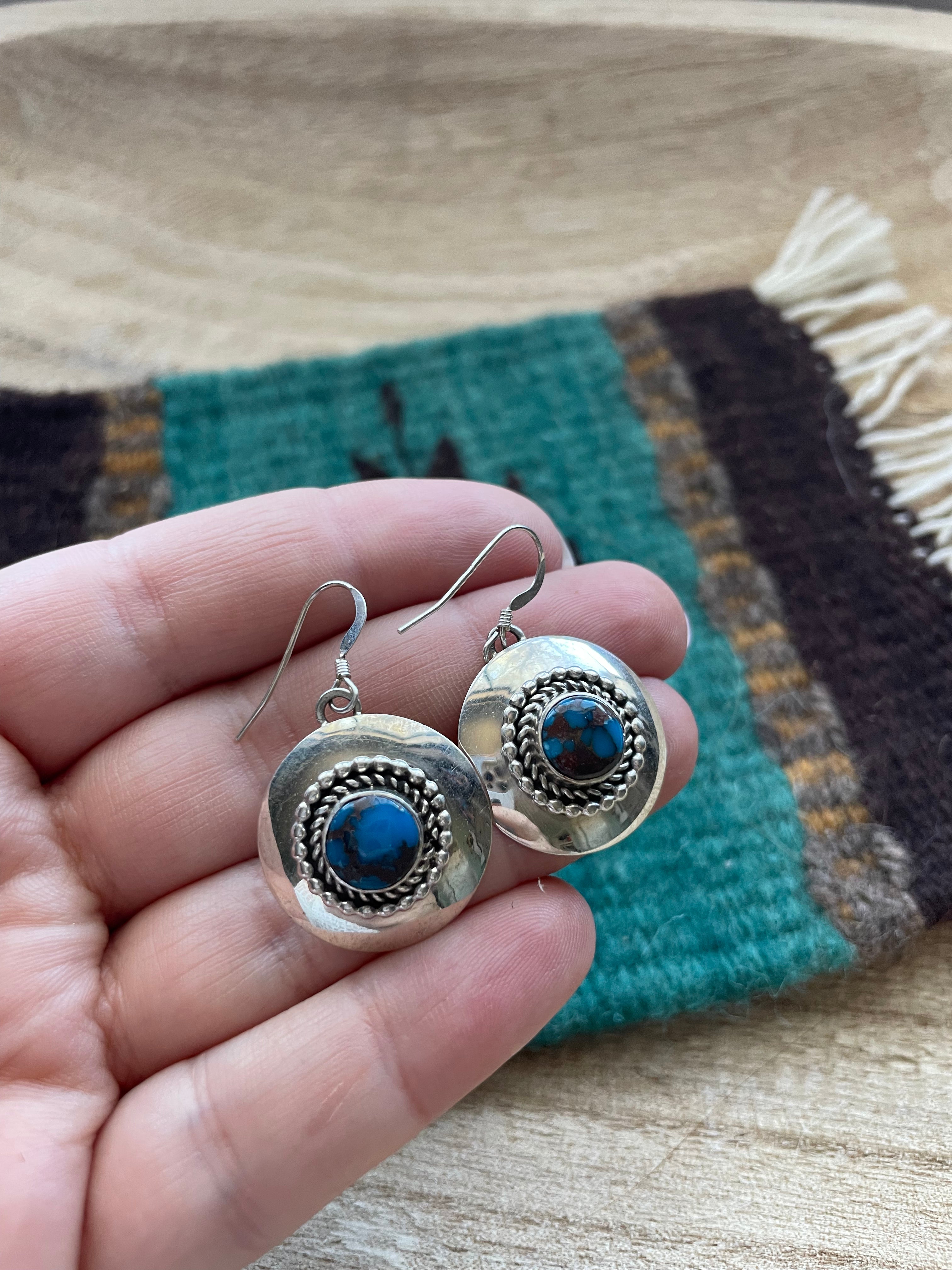 Navajo Kingman Web Turquoise & Sterling Silver Dangle Earrings