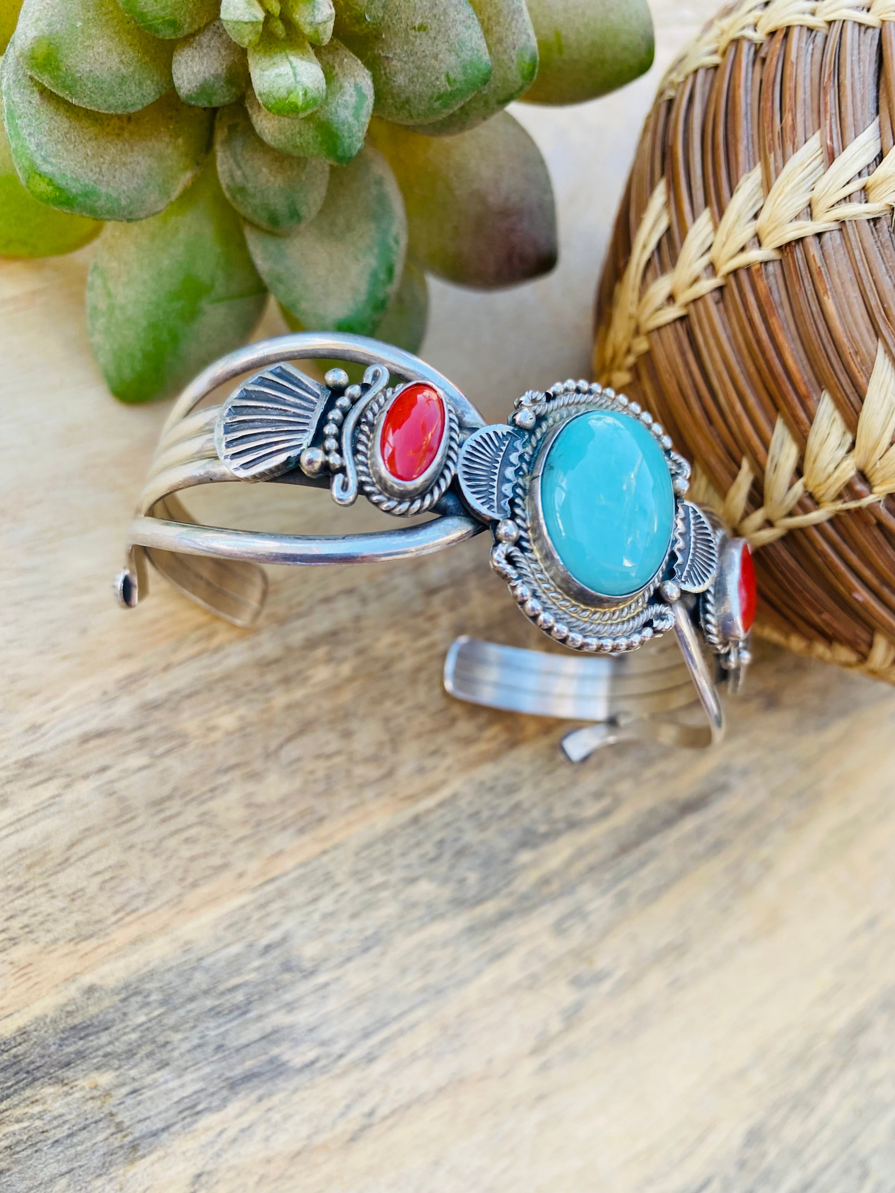 Vintage Navajo Turquoise, Coral & Sterling Silver Cuff Bracelet Signed