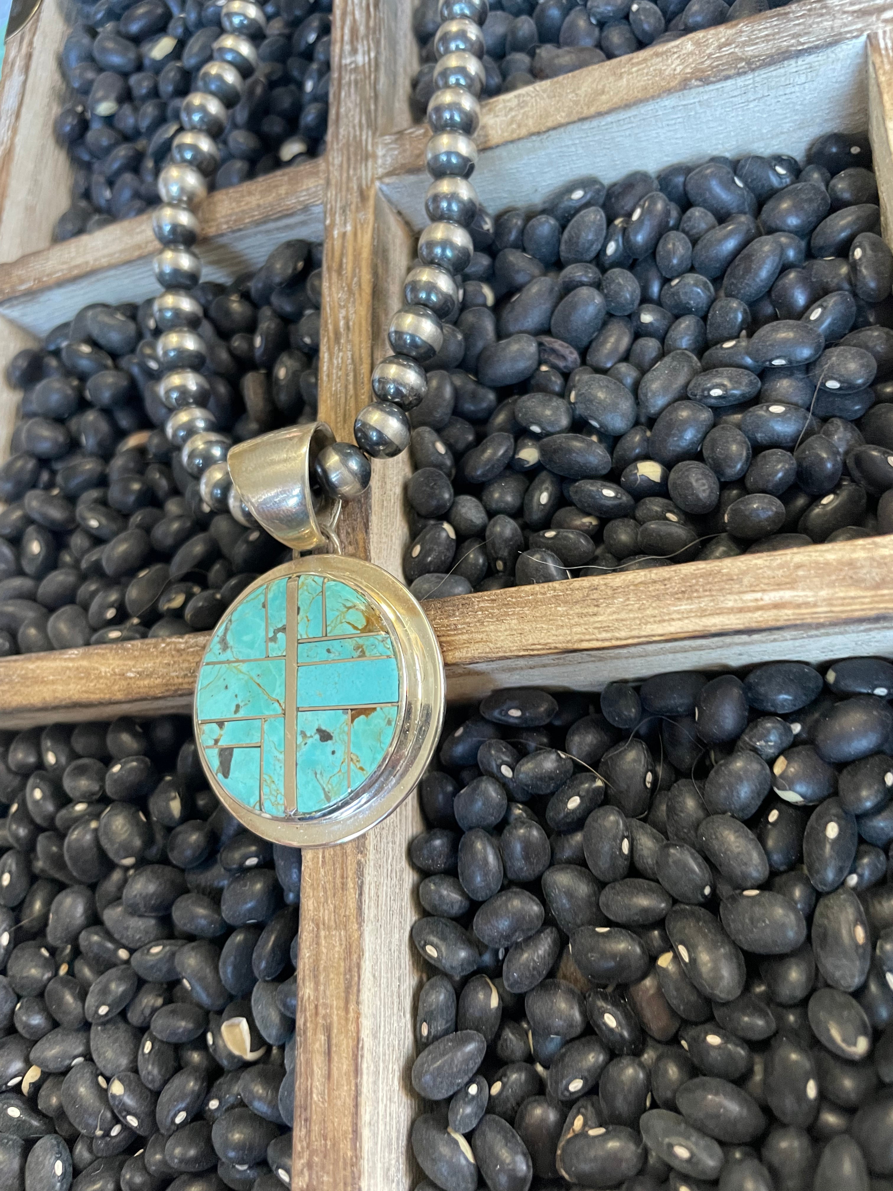 Navajo Number 8 Turquoise Inlay & Sterling Silver Circle Pendant