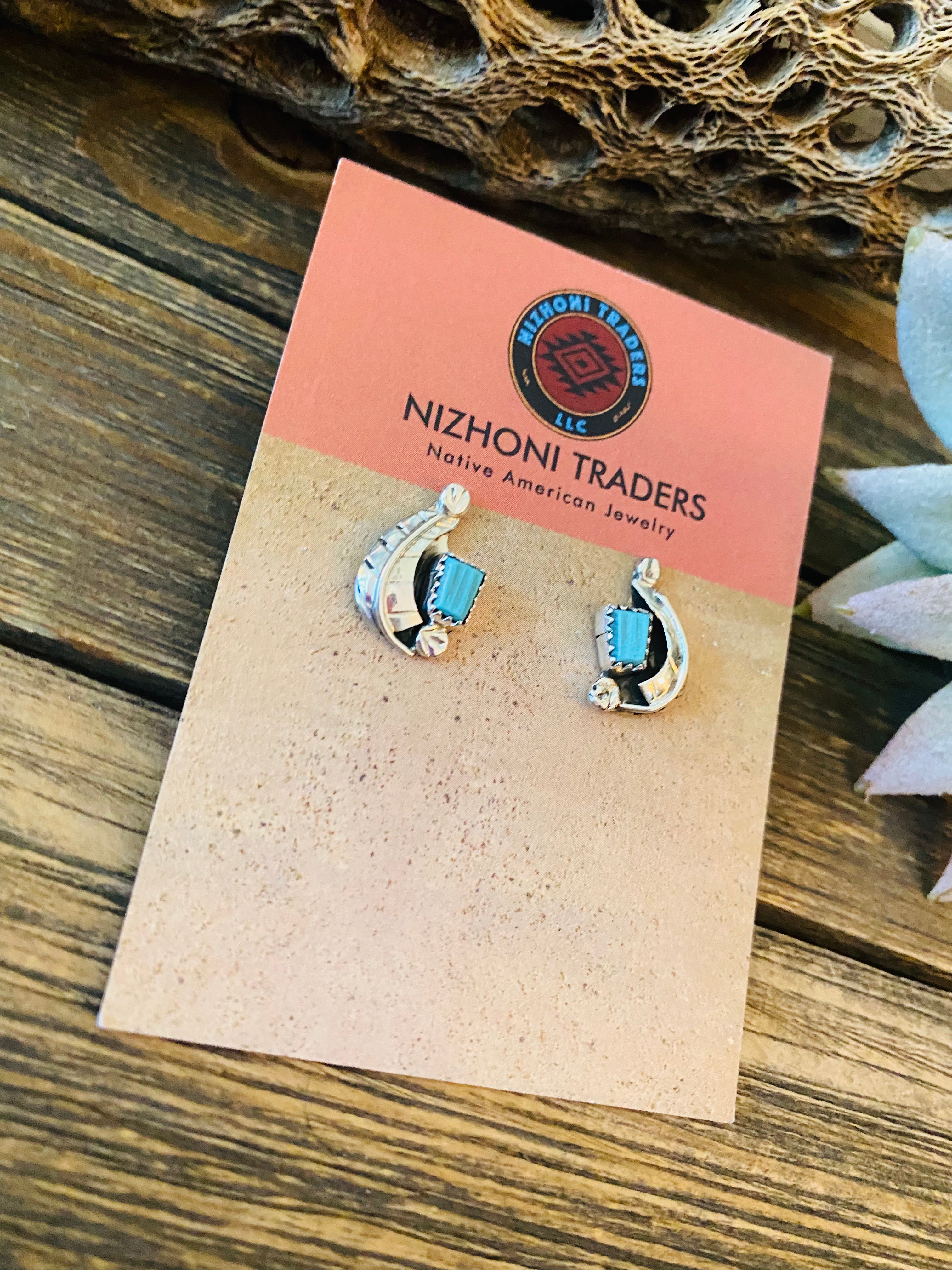 Navajo Sterling Silver & Turquoise Feather Stud Earrings Signed