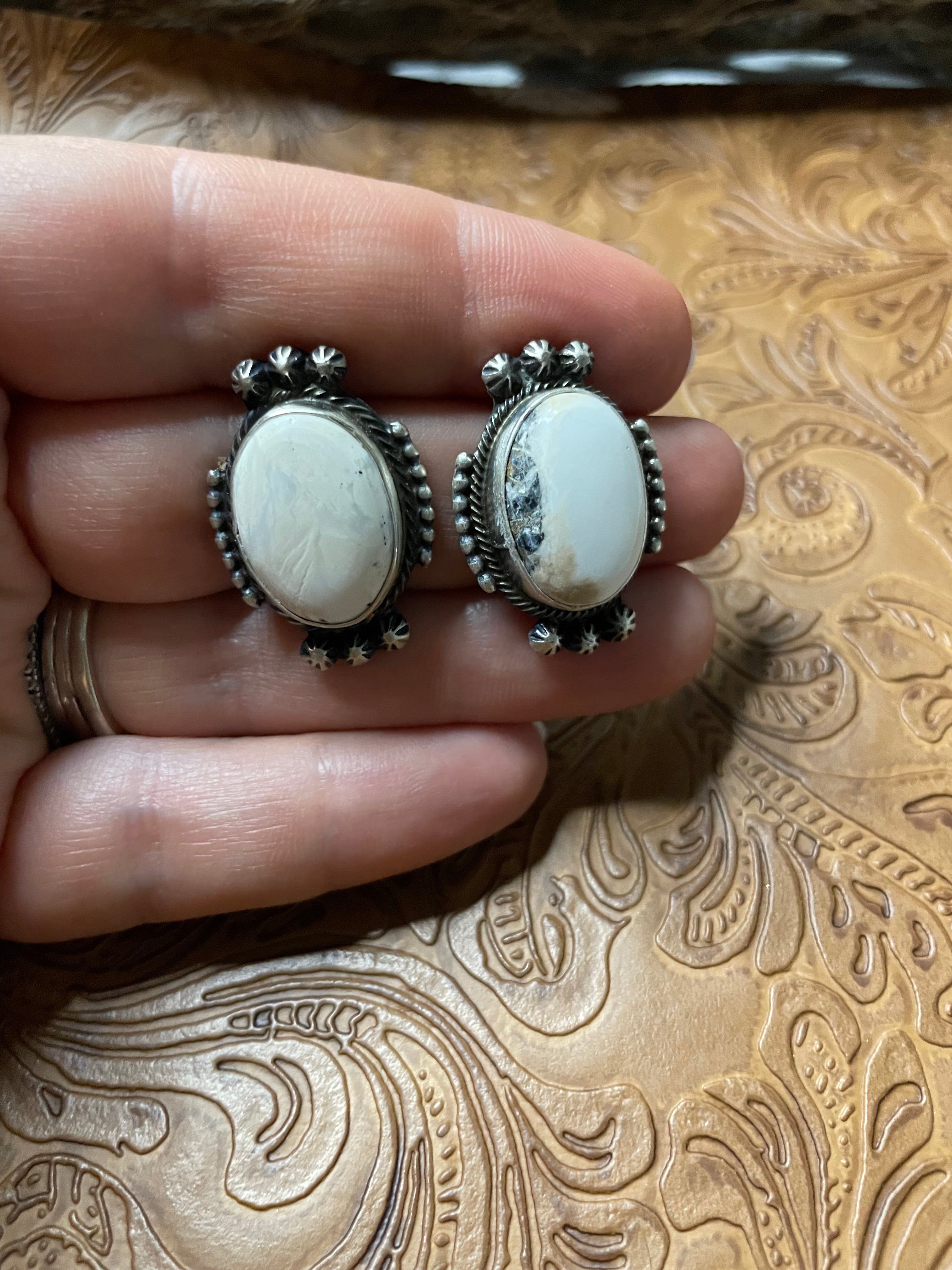 Navajo White Buffalo And Sterling Silver Post Earrings