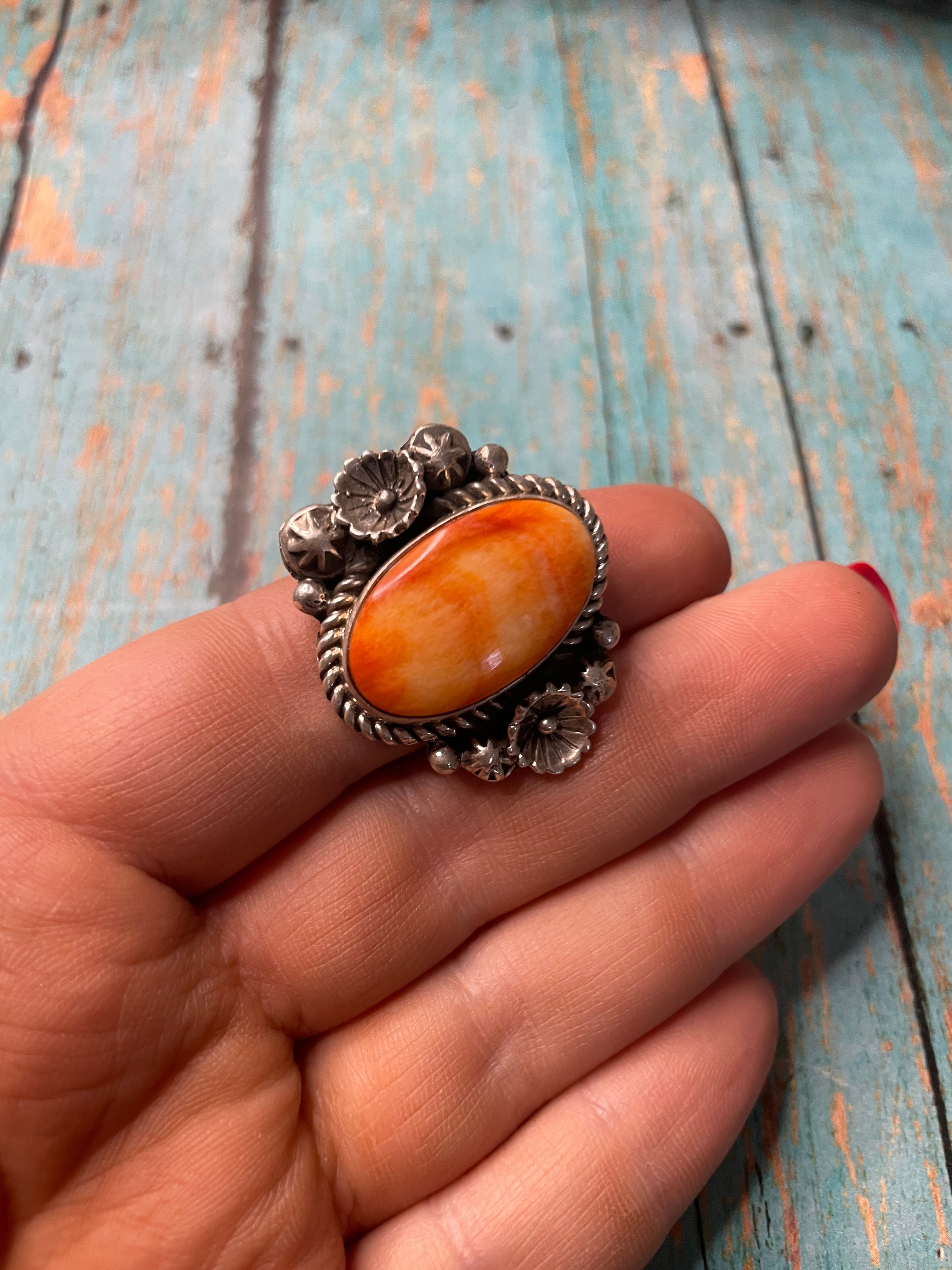 Old Pawn Navajo Sterling Silver & Orange Spiny Ring Size 8.5