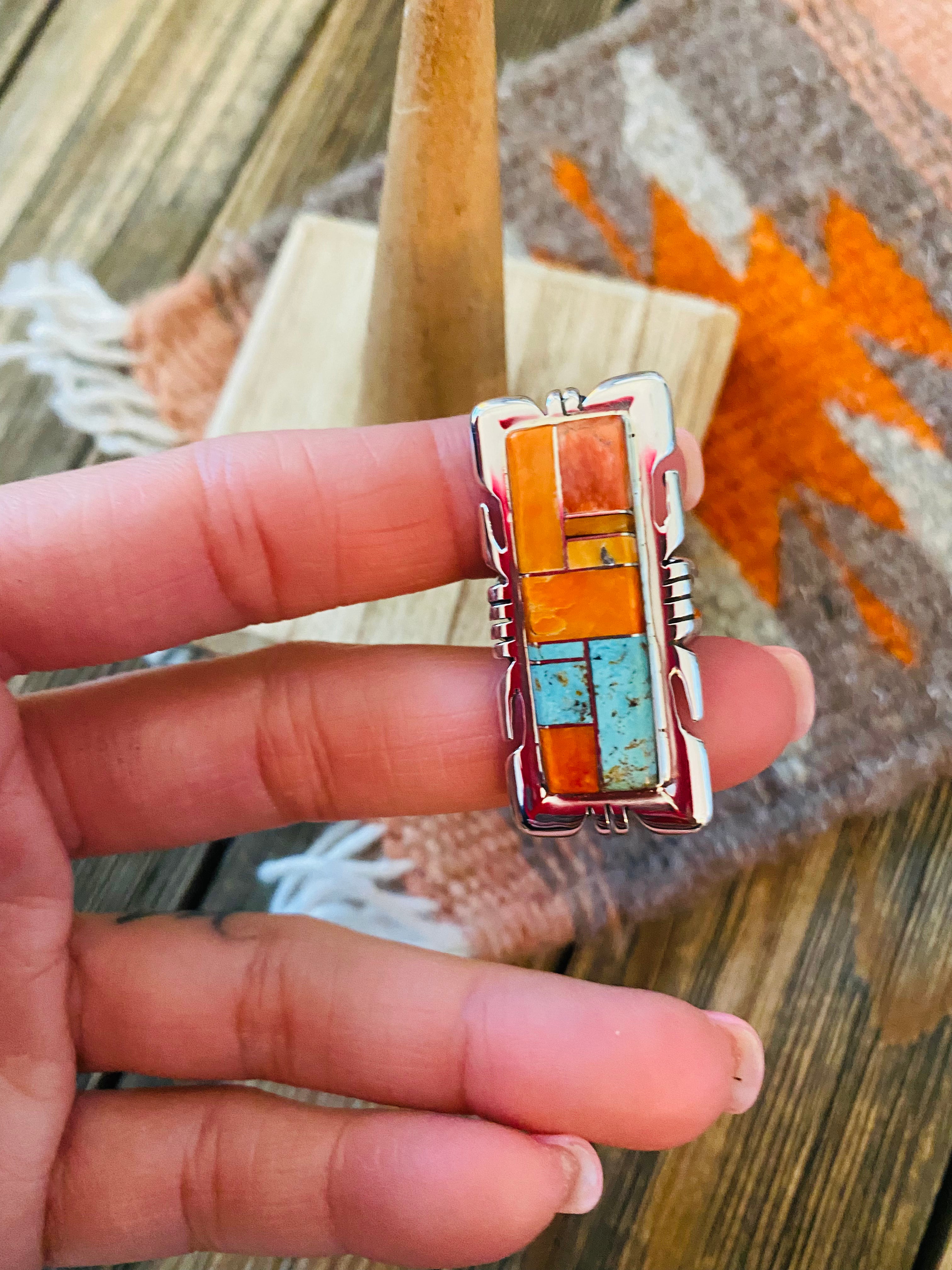 Navajo Sterling Silver, Orange Spiny & Turquoise Inlay Ring Size 6.5