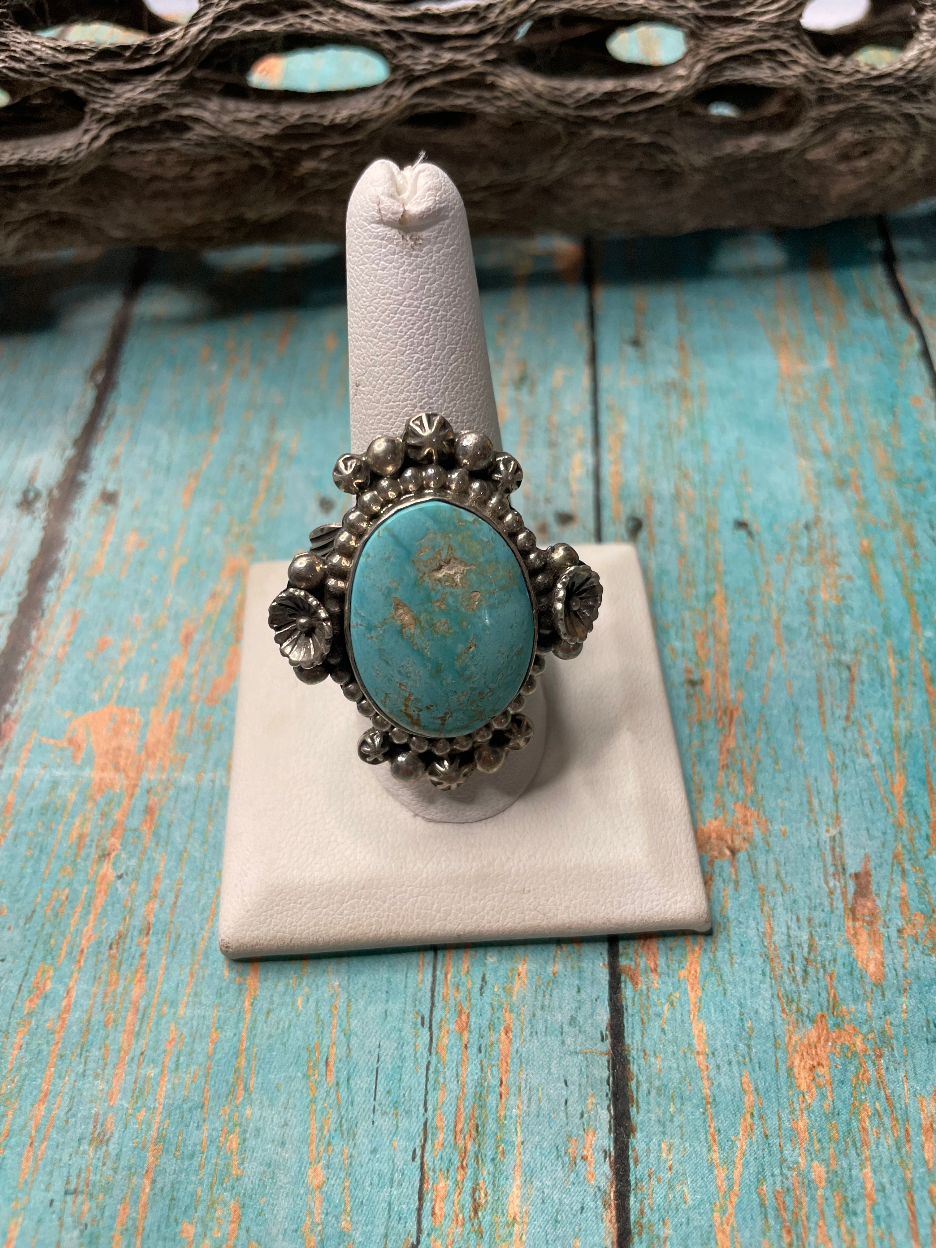 Old Pawn Navajo Sterling Silver & Turquoise Ring Size Adjustable