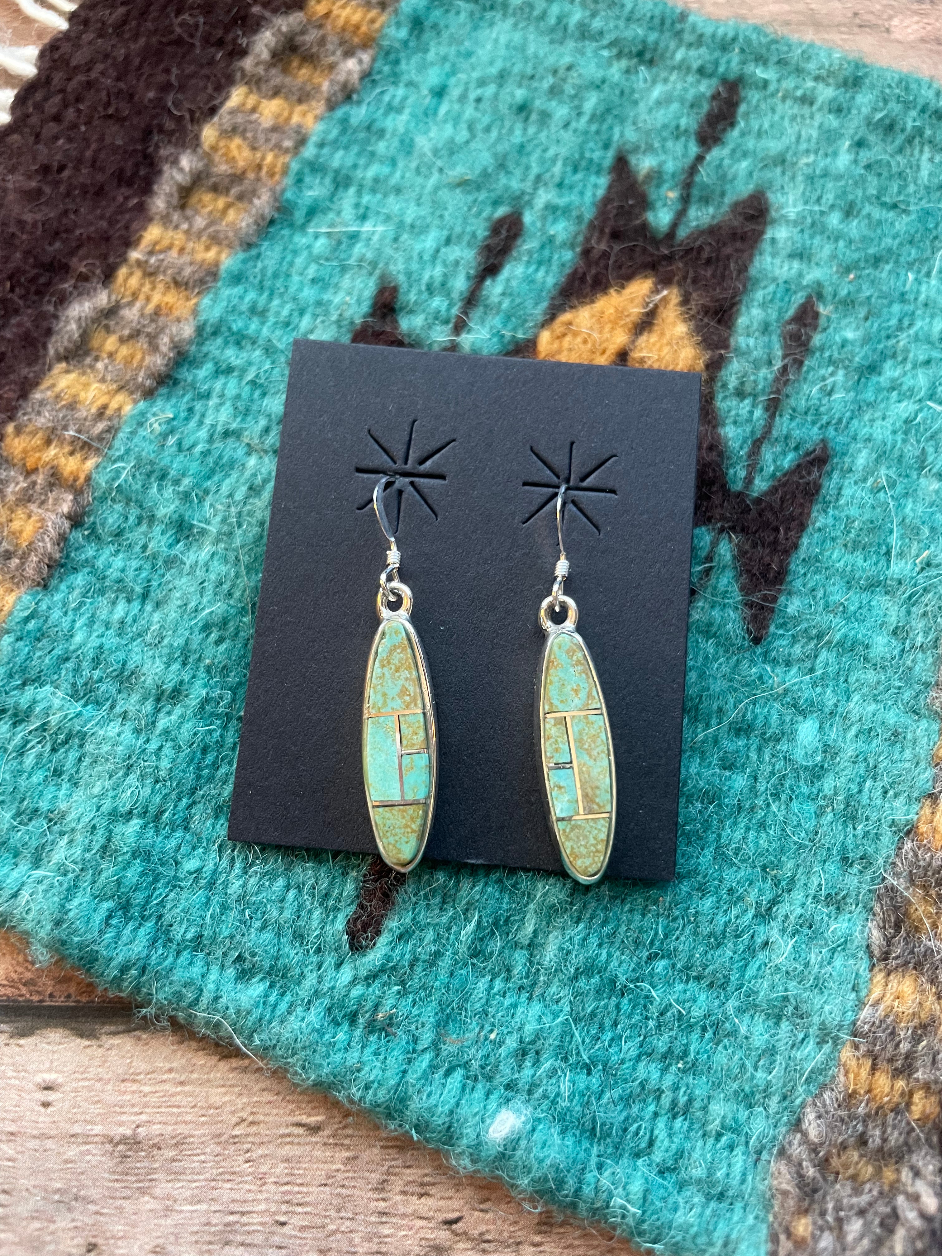 Navajo Number 8 Turquoise & Sterling Silver Inlay Dangle Earrings Signed