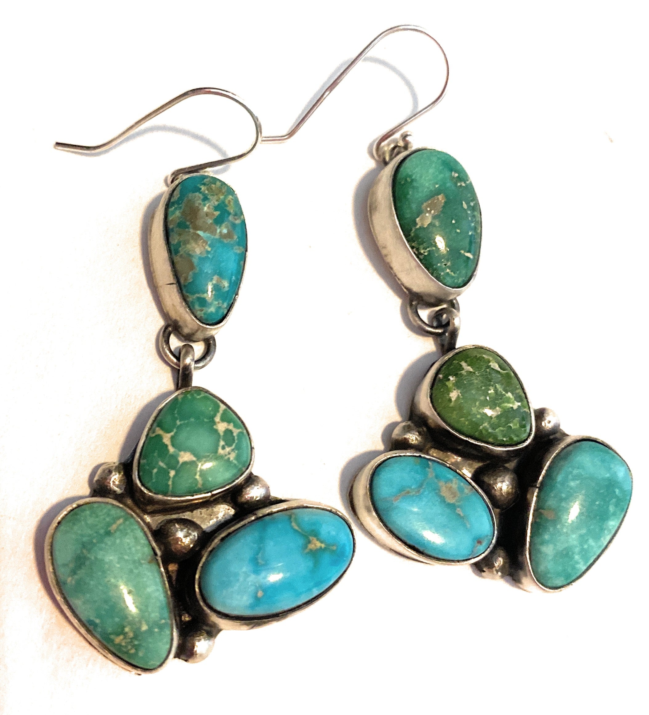 Navajo Multi Turquoise & Sterling Silver Cluster Dangle Earrings