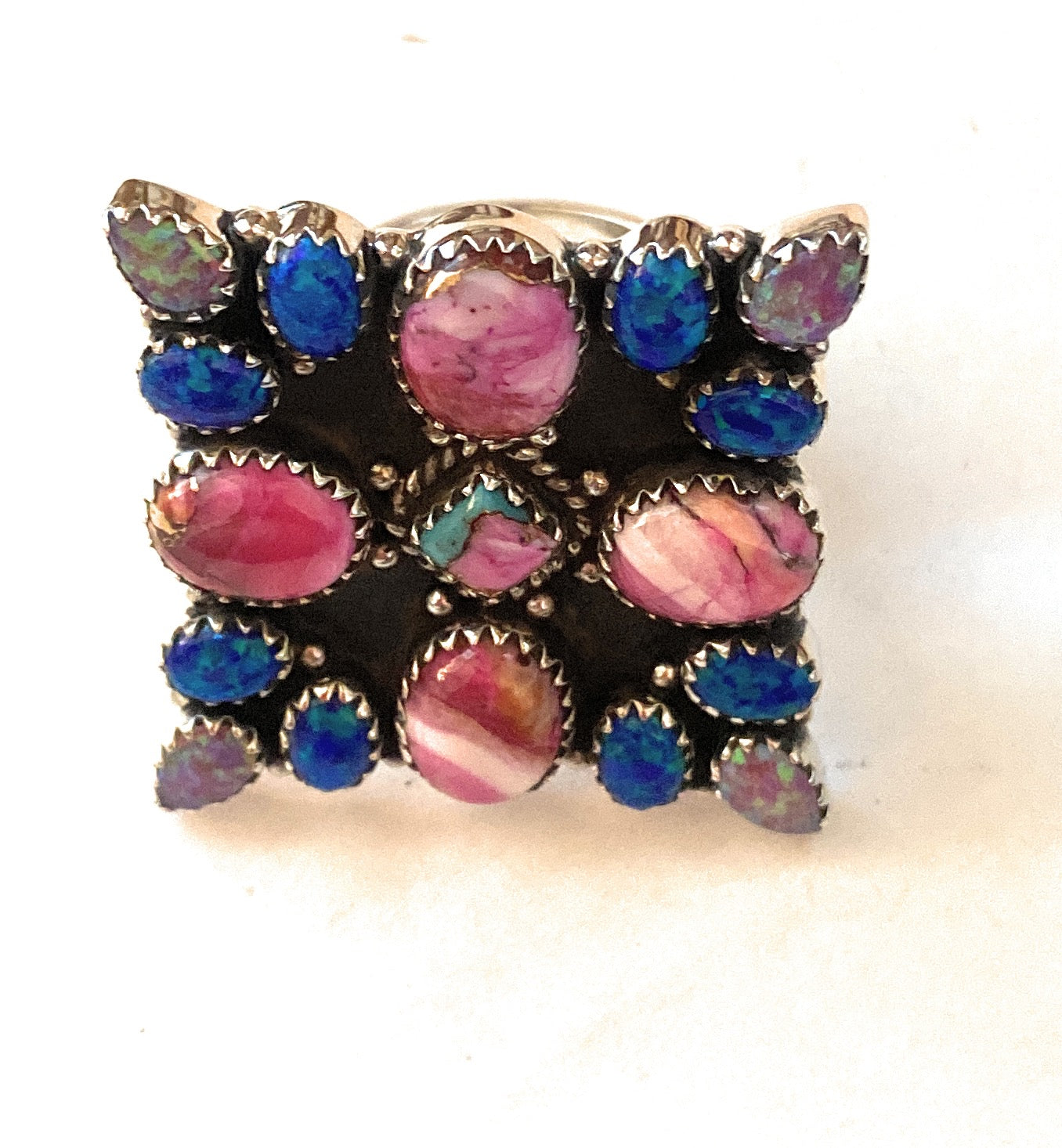 Handmade Sterling Silver, Pink Dream & Opal Cluster Adjustable Ring