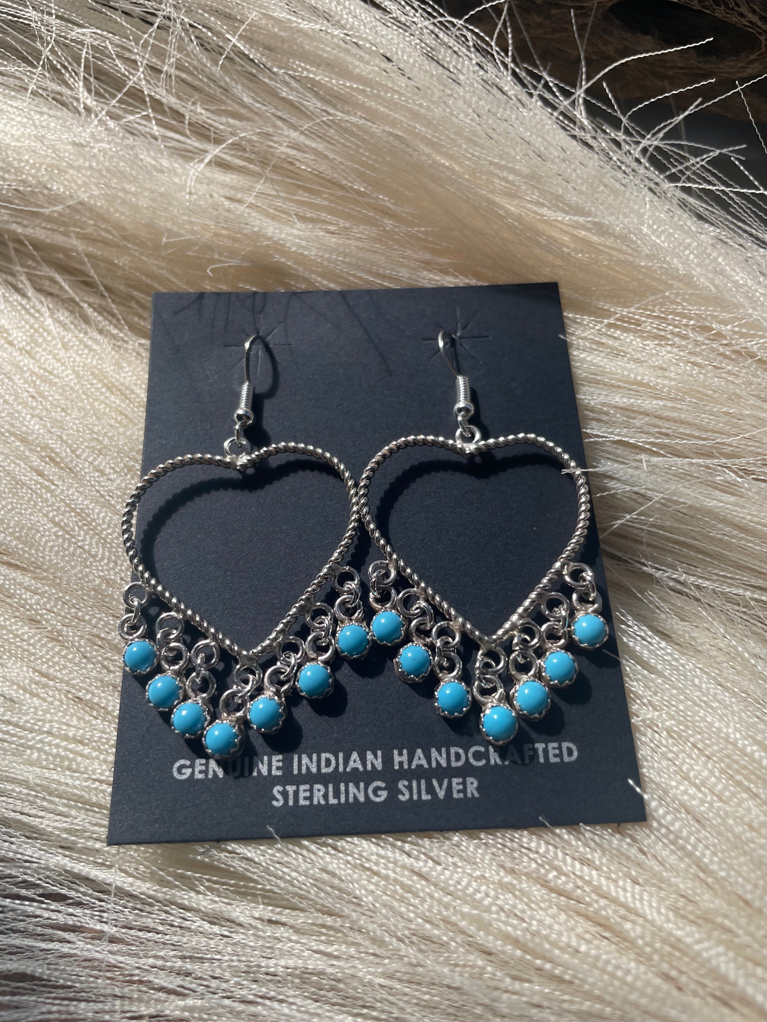 Navajo Sterling Silver Turquoise Heart Dangle Earrings