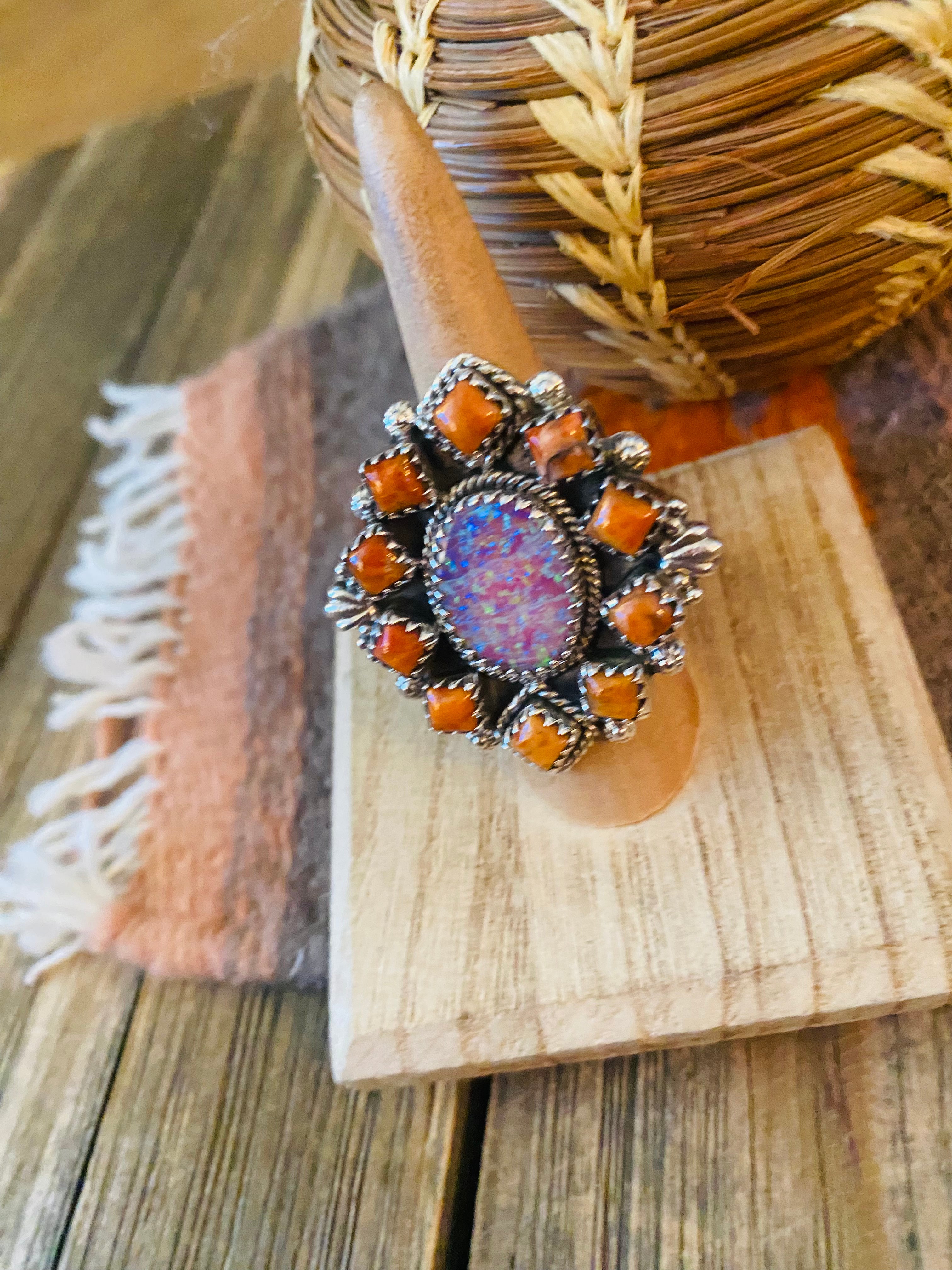 Handmade Sterling Silver, Orange Mojave & Opal Cluster Adjustable Ring