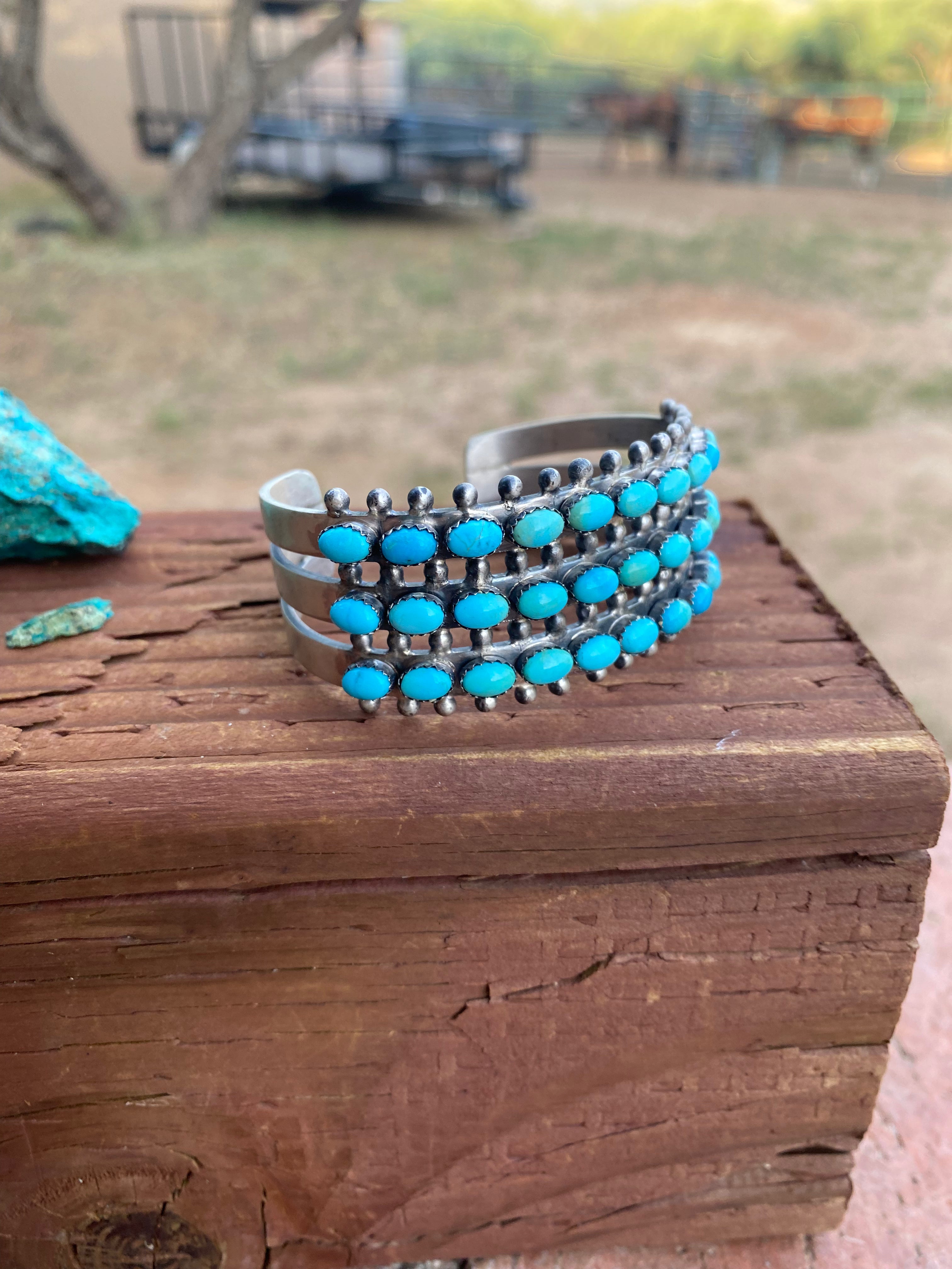 Paul Livingston Sterling Silver Snake Eye Carico Lake Turquoise 3 Row Cuff /