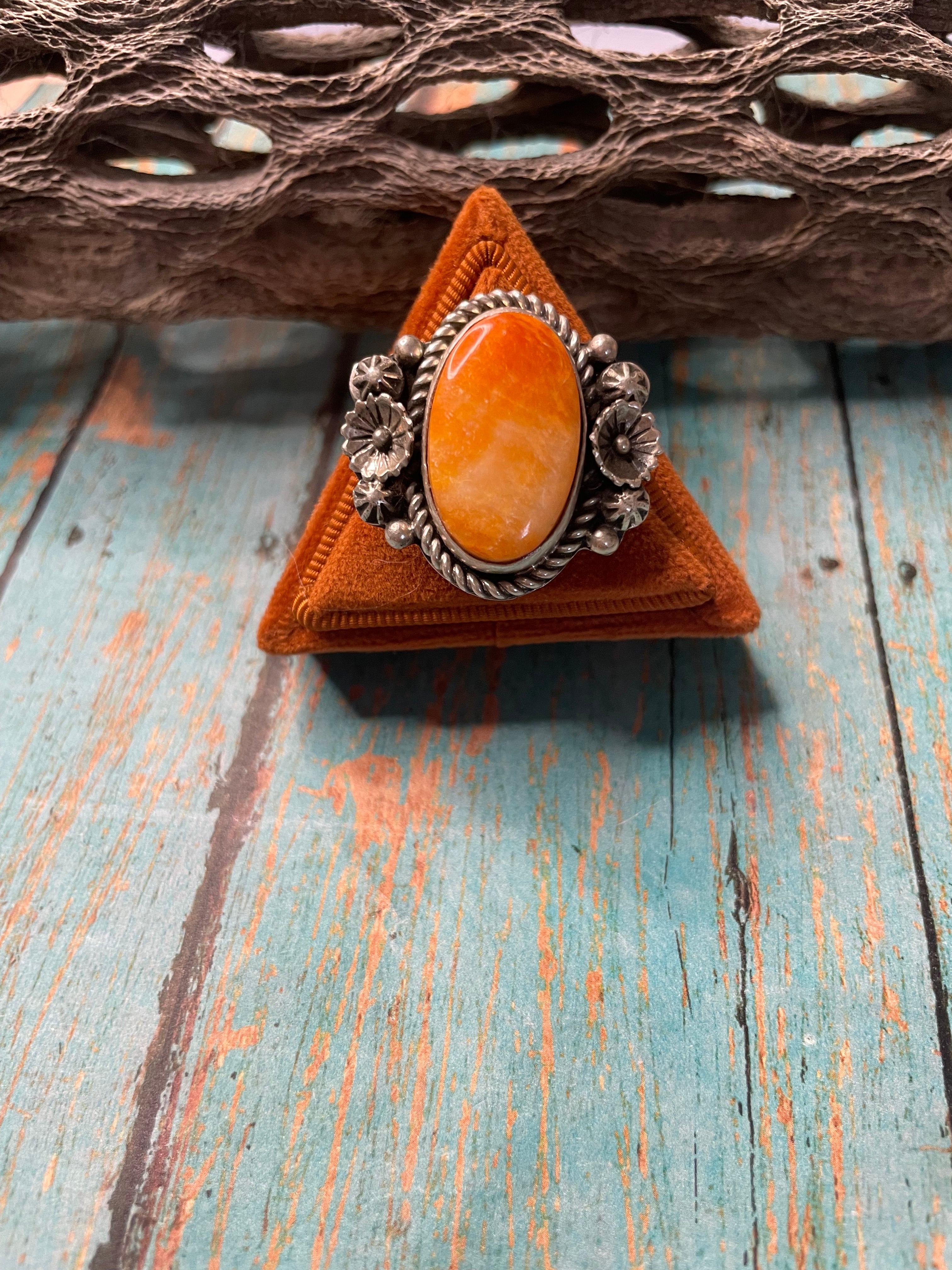 Old Pawn Navajo Sterling Silver & Orange Spiny Ring Size 9