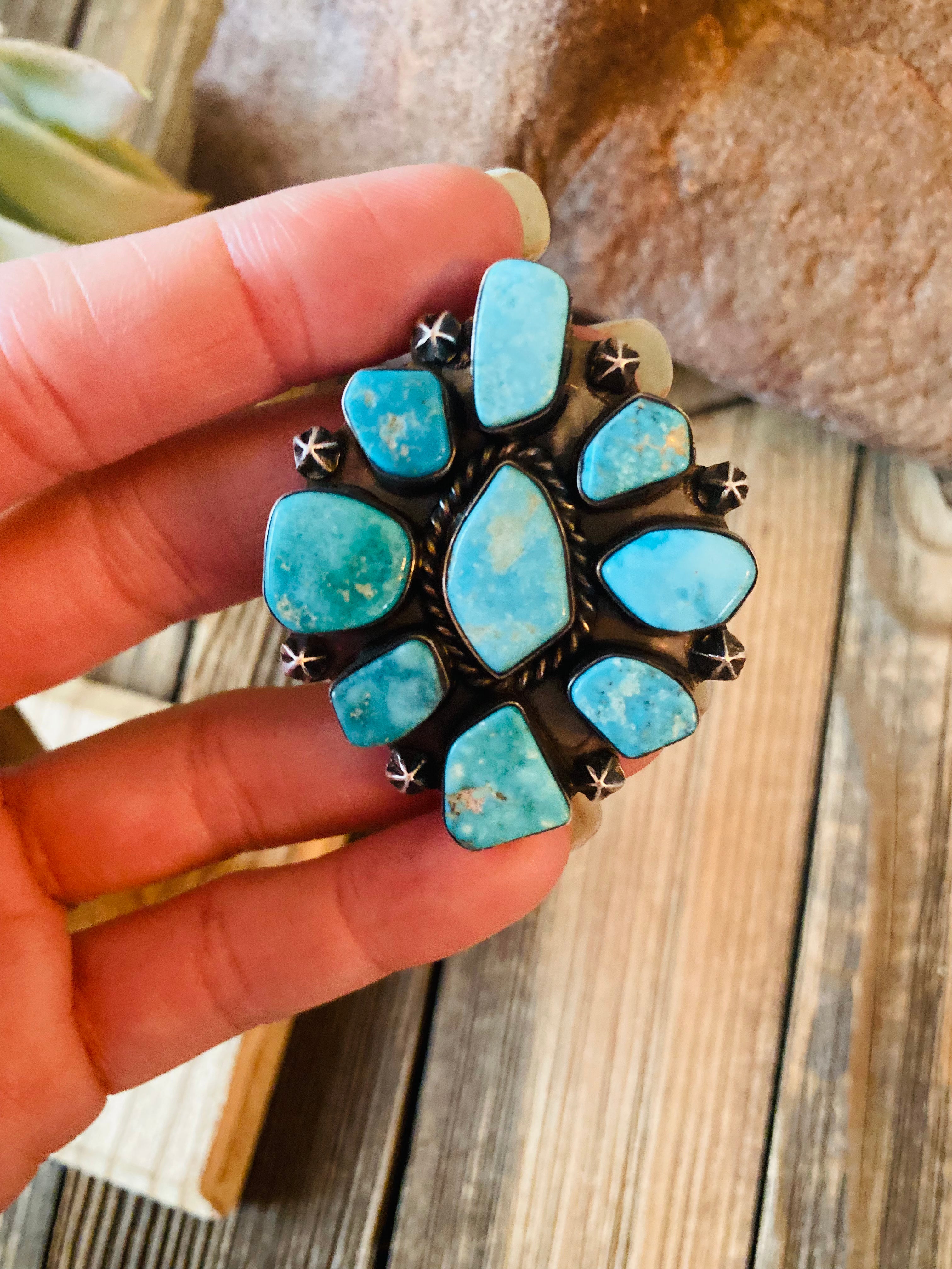 Navajo Kingman Turquoise & Sterling Silver Cluster Ring Size 8.5