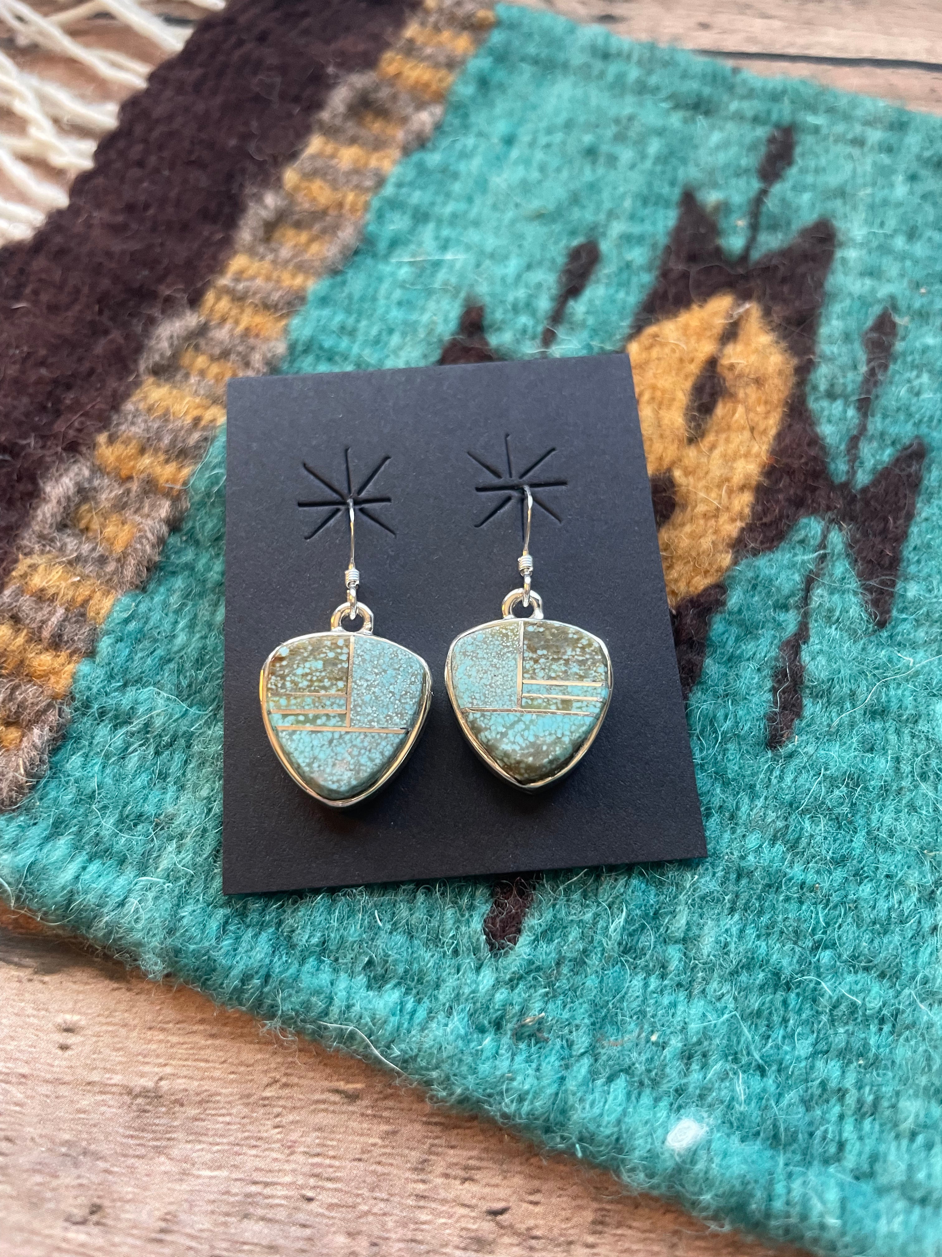 Navajo Number 8 Turquoise & Sterling Silver Inlay Dangle Earrings Signed