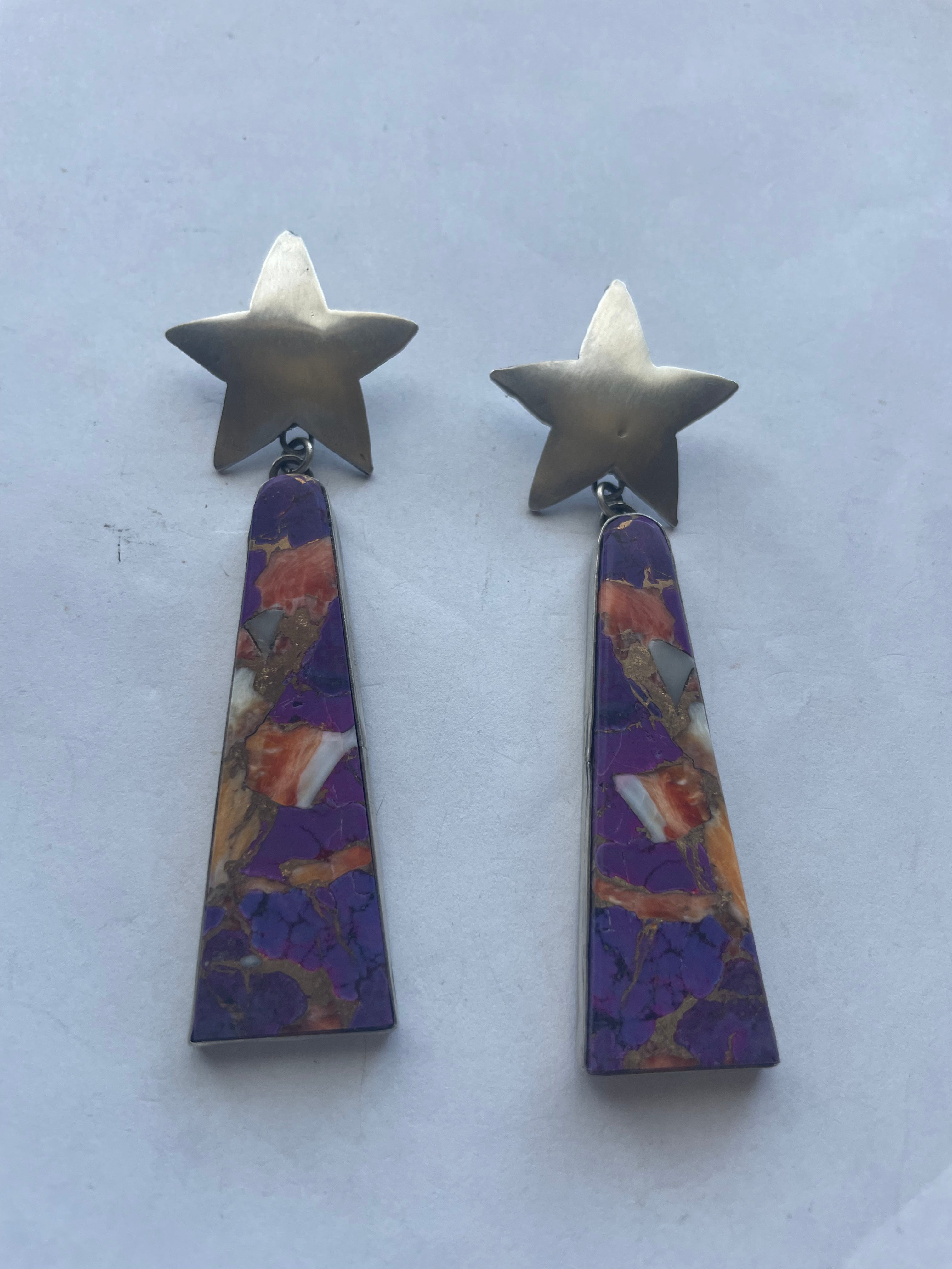 Navajo Sterling Silver & Purple Dream Slab Star Dangle Earrings Signed