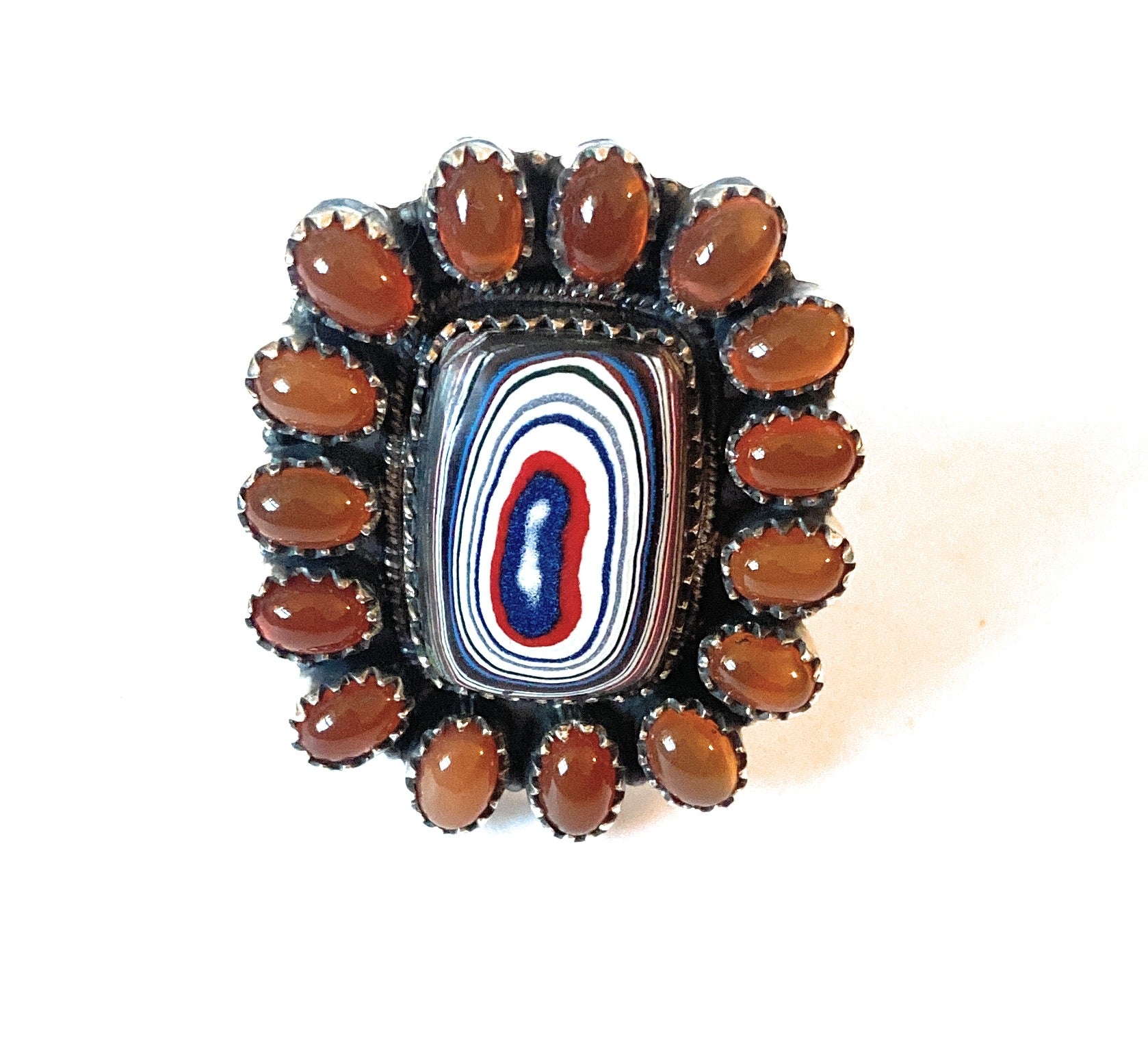 Handmade Sterling Silver, Fordite & Garnet Cluster Adjustable Ring