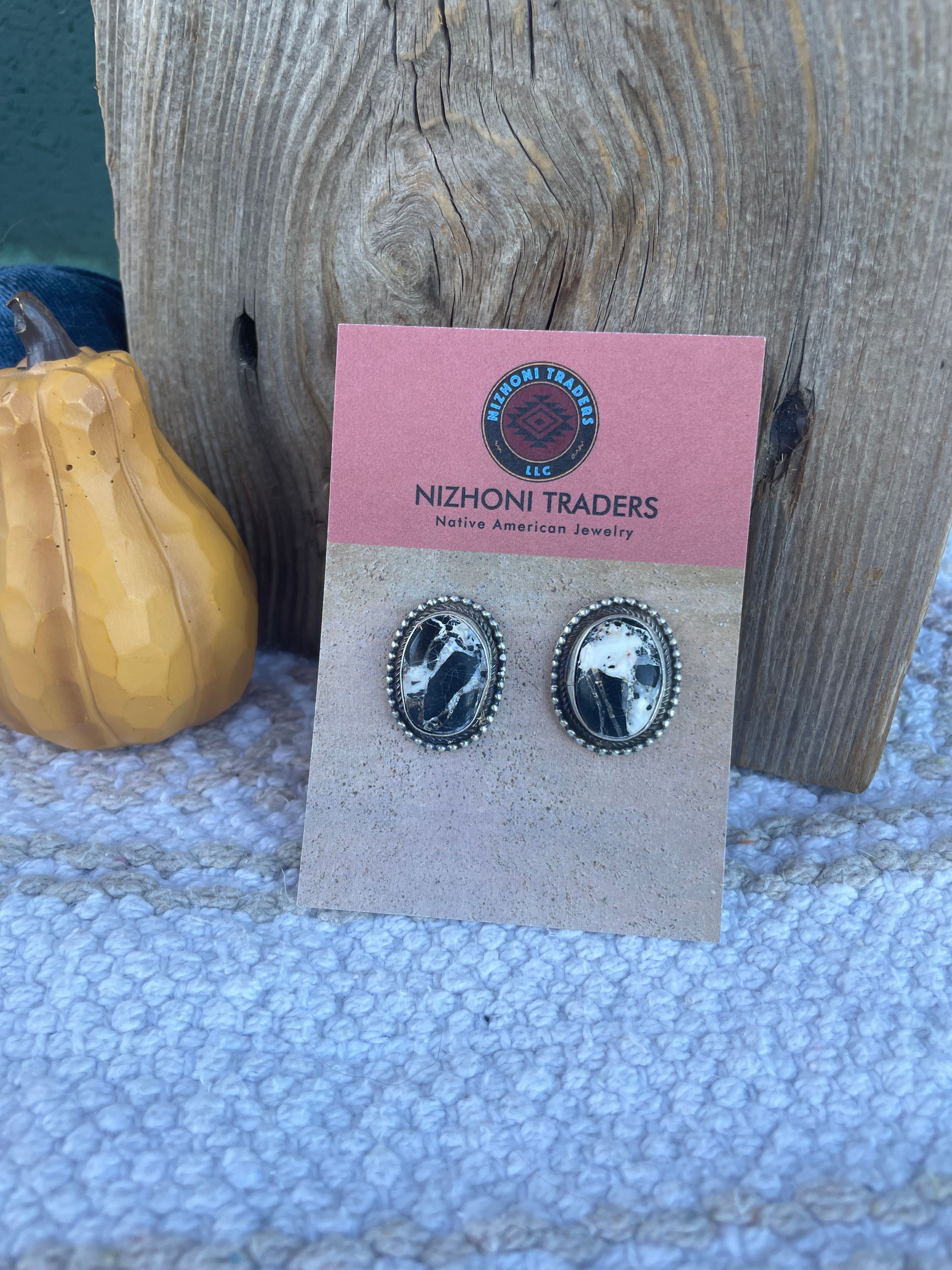 Navajo White Buffalo And Sterling Silver Post Earrings Signed