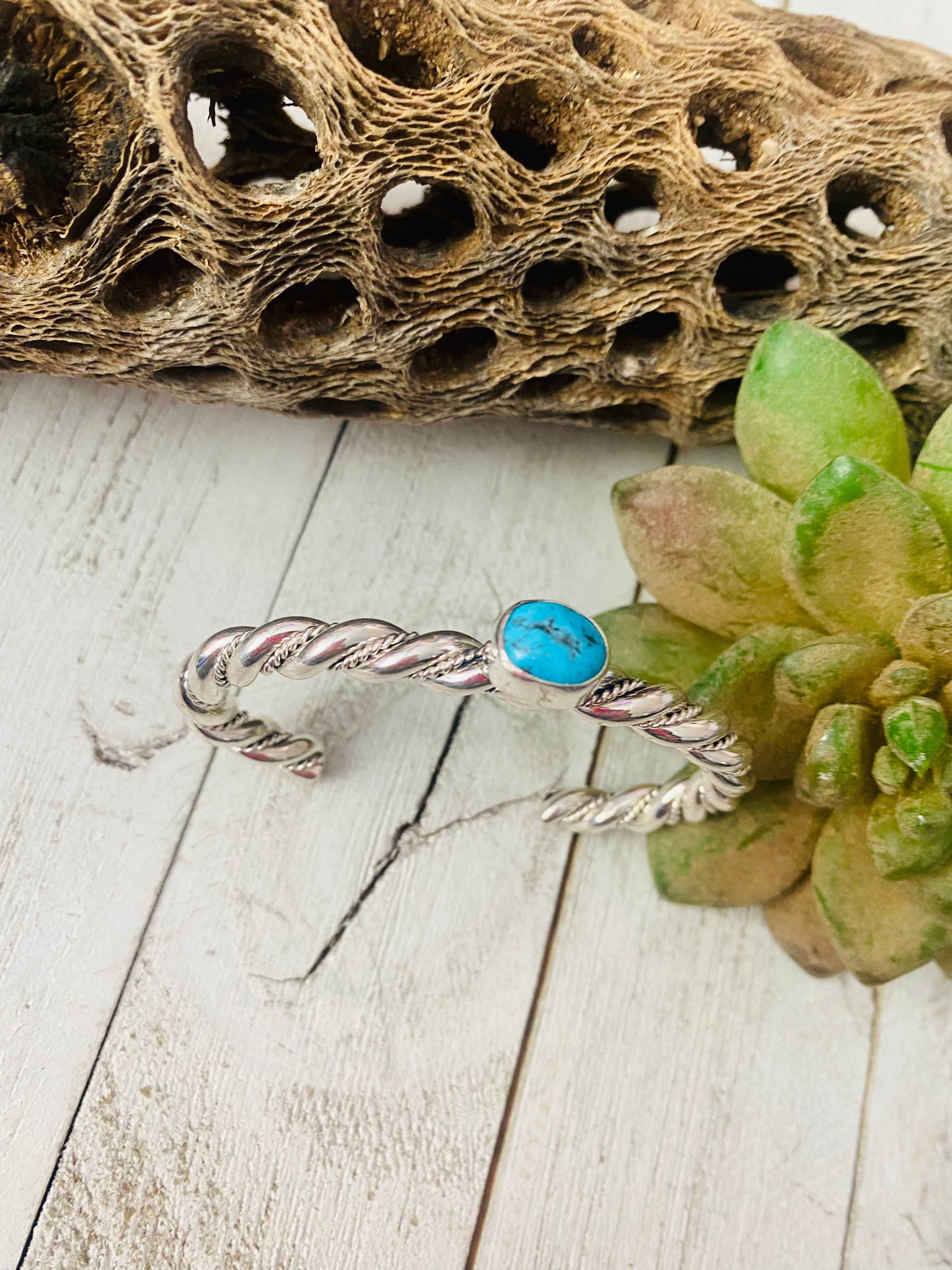 Navajo Twisted Sterling Silver & Kingman Turquoise Cuff Bracelet