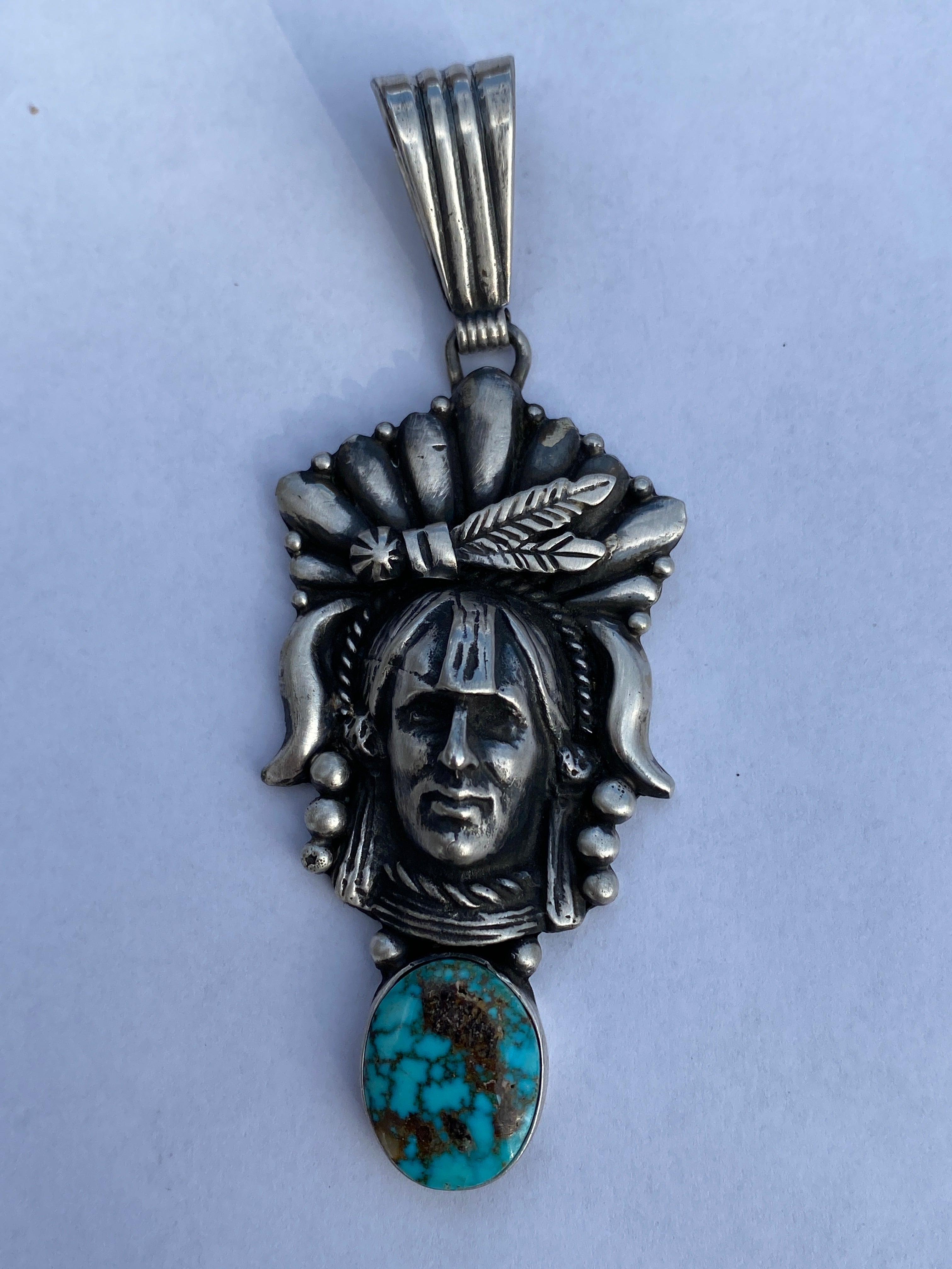 Sterling Silver & Kingman Web Turquoise Indian Chief Pendant